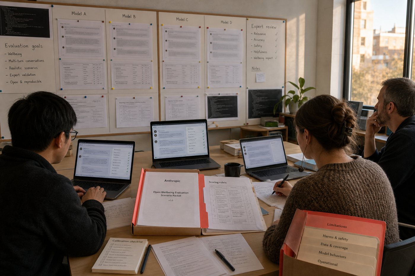 Une équipe compare plusieurs configurations sur les mêmes conversations, valide les notes avec des spécialistes et prépare des tests reproductibles.