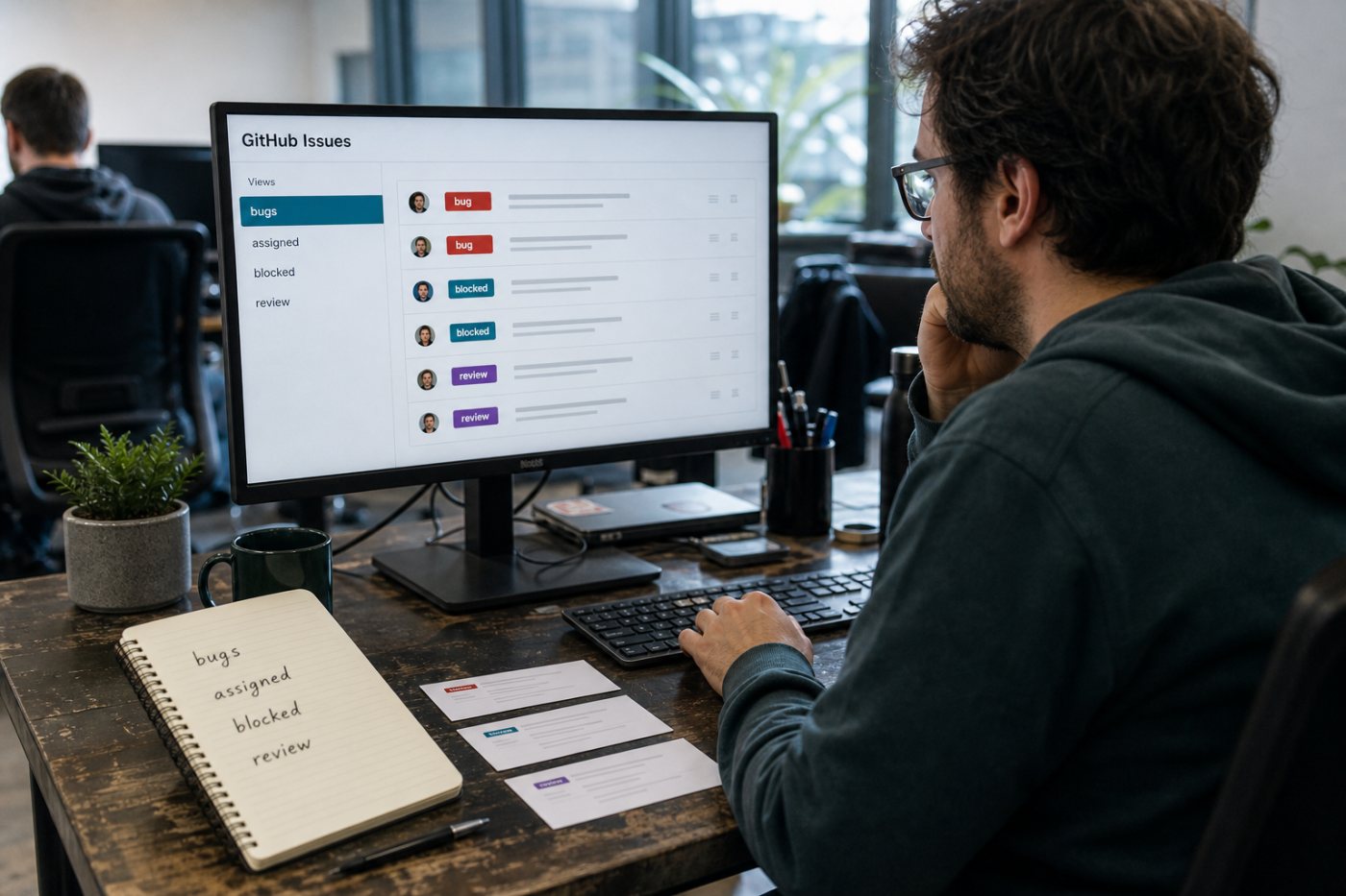 Filas salvas separam bugs recentes, atribuições, bloqueios e pull requests aguardando revisão.