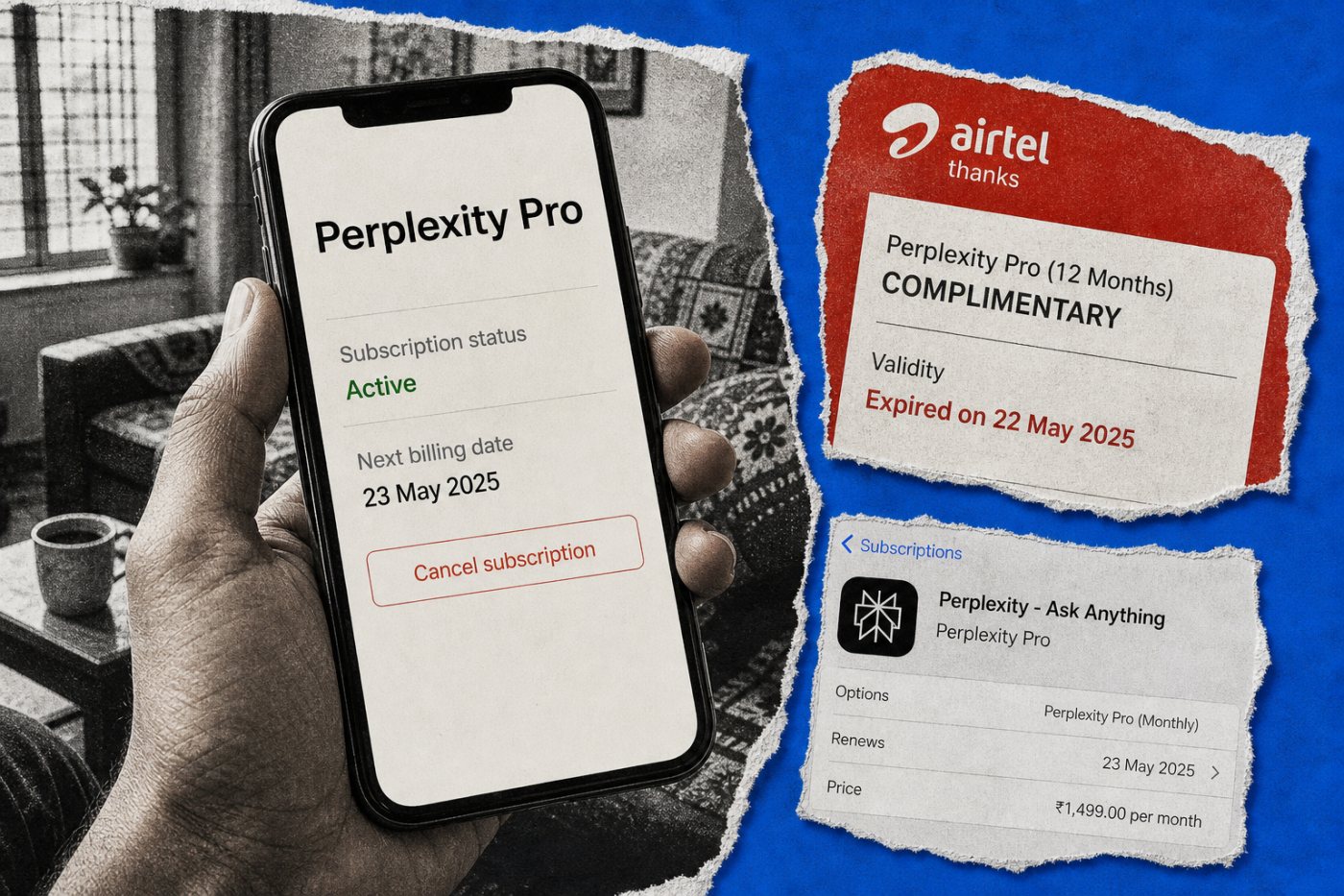 Airtel ग्राहक मुफ्त अवधि समाप्त होने से पहले Perplexity की अगली बिलिंग और रद्दीकरण स्थिति जाँच रहा है