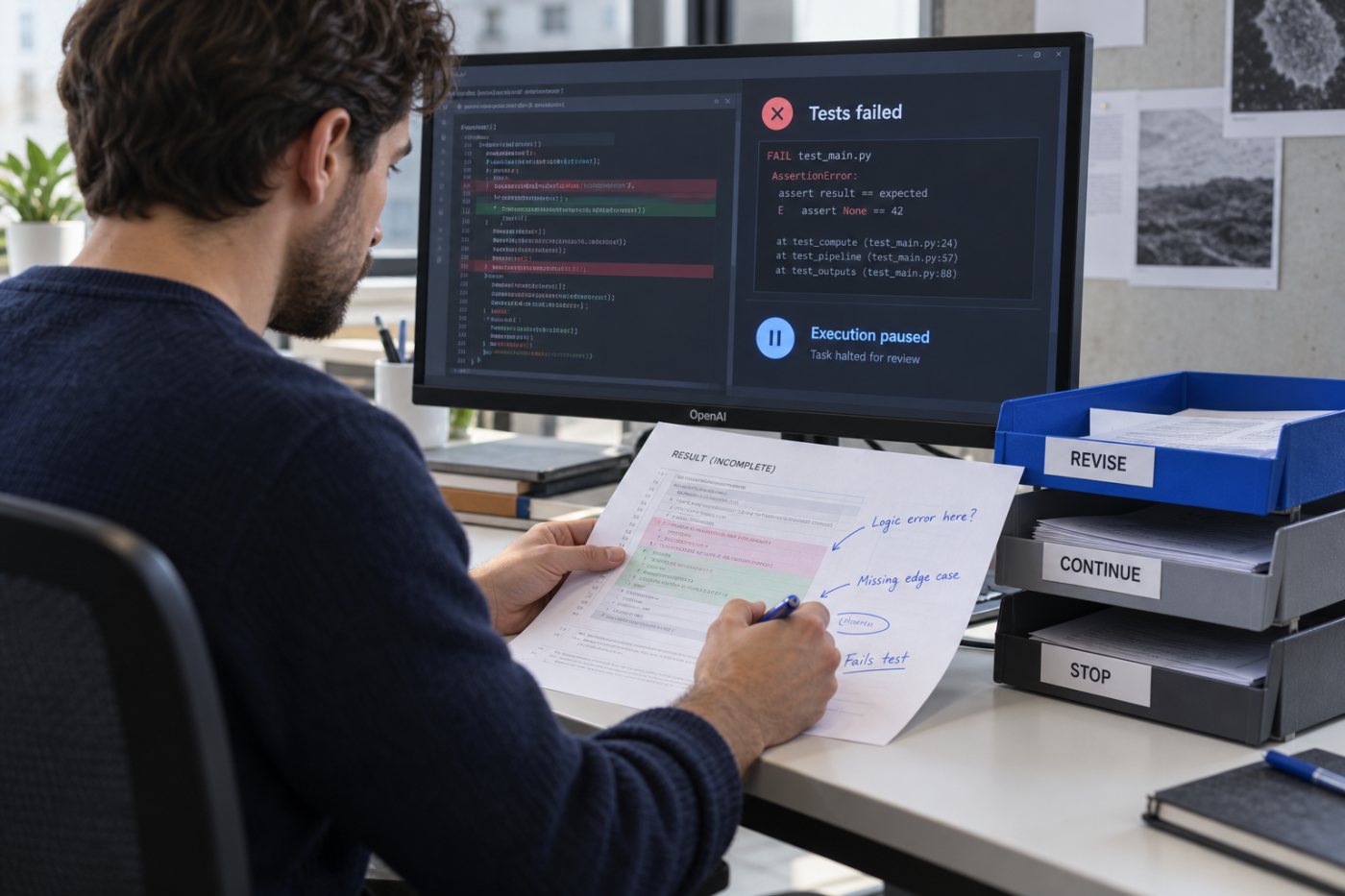 A human researcher intervenes in an OpenAI coding-agent task and decides whether the work should continue.