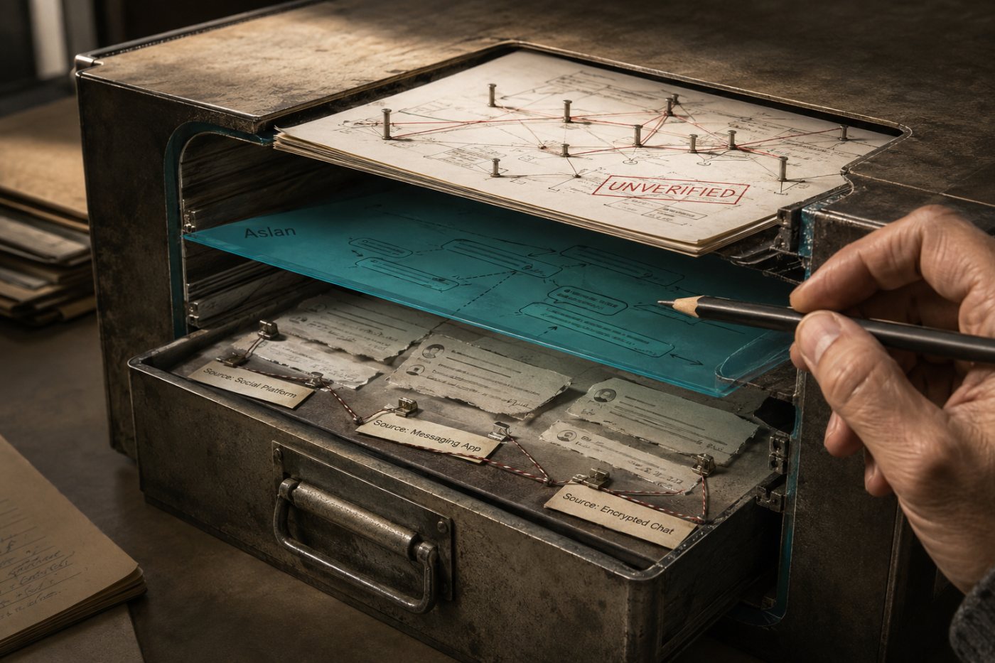 An investigator separates original communications from Aslan agent summaries while reviewing a claimed network-mapping result.