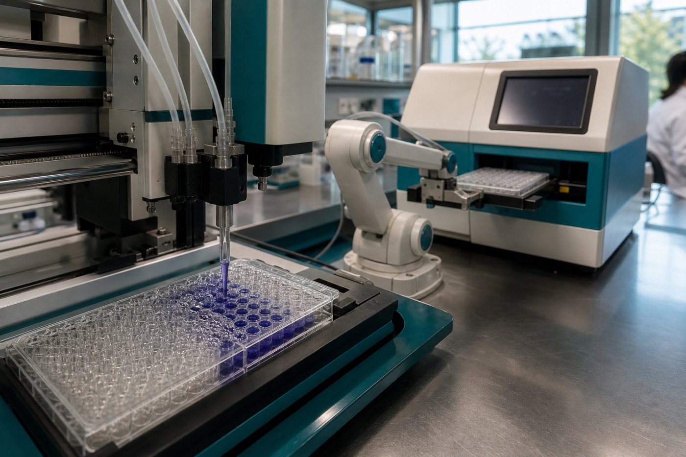 BCA assay میں absorbance reading کے بعد bubbles والے چپچپے نمونے کے لیے liquid-transfer setting بدلی جاتی ہے۔
