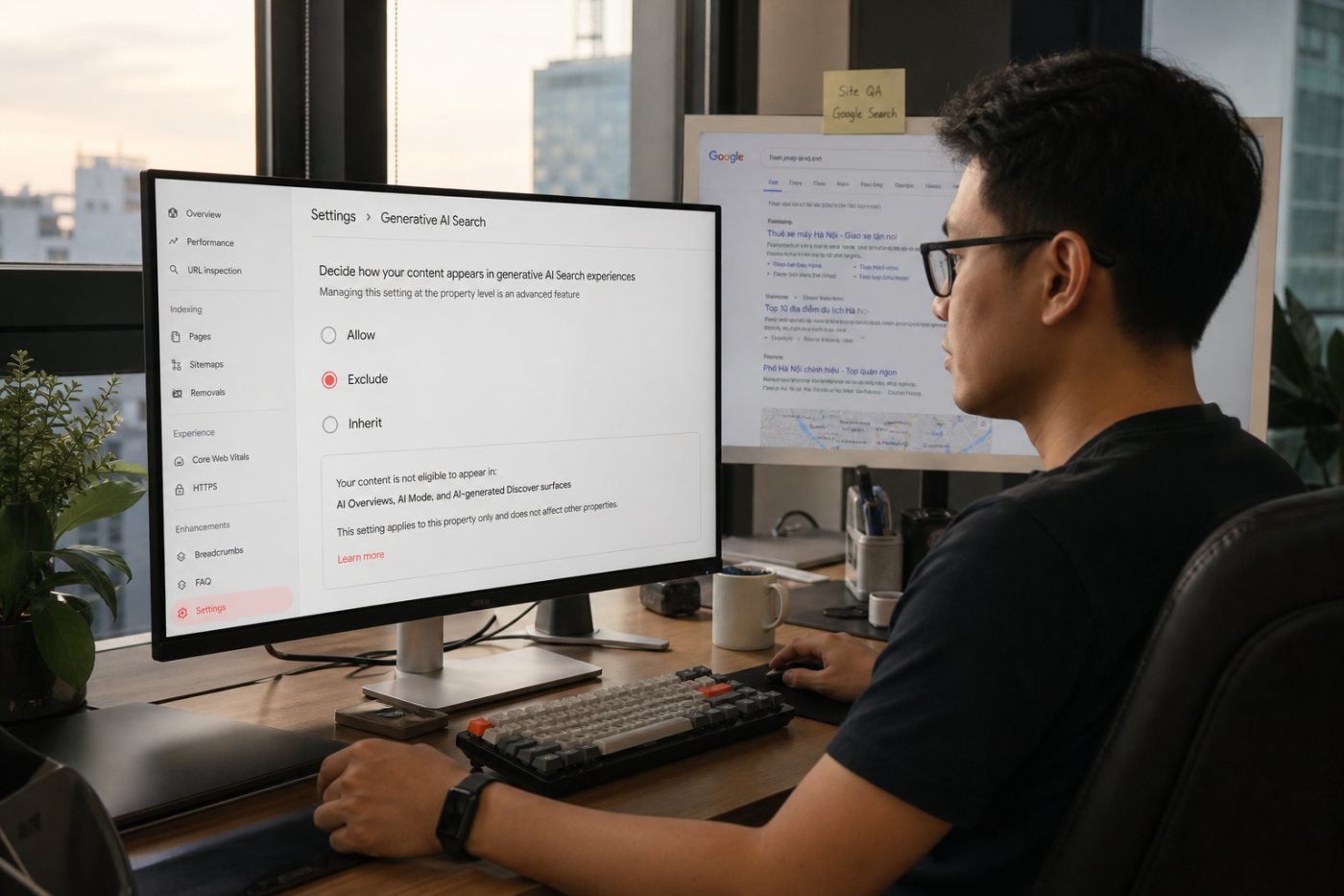 Quyền kiểm soát trong Google Search Console cho phép включення, loại trừ hoặc kế thừa thiết lập xuất hiện trong các tính năng AI.