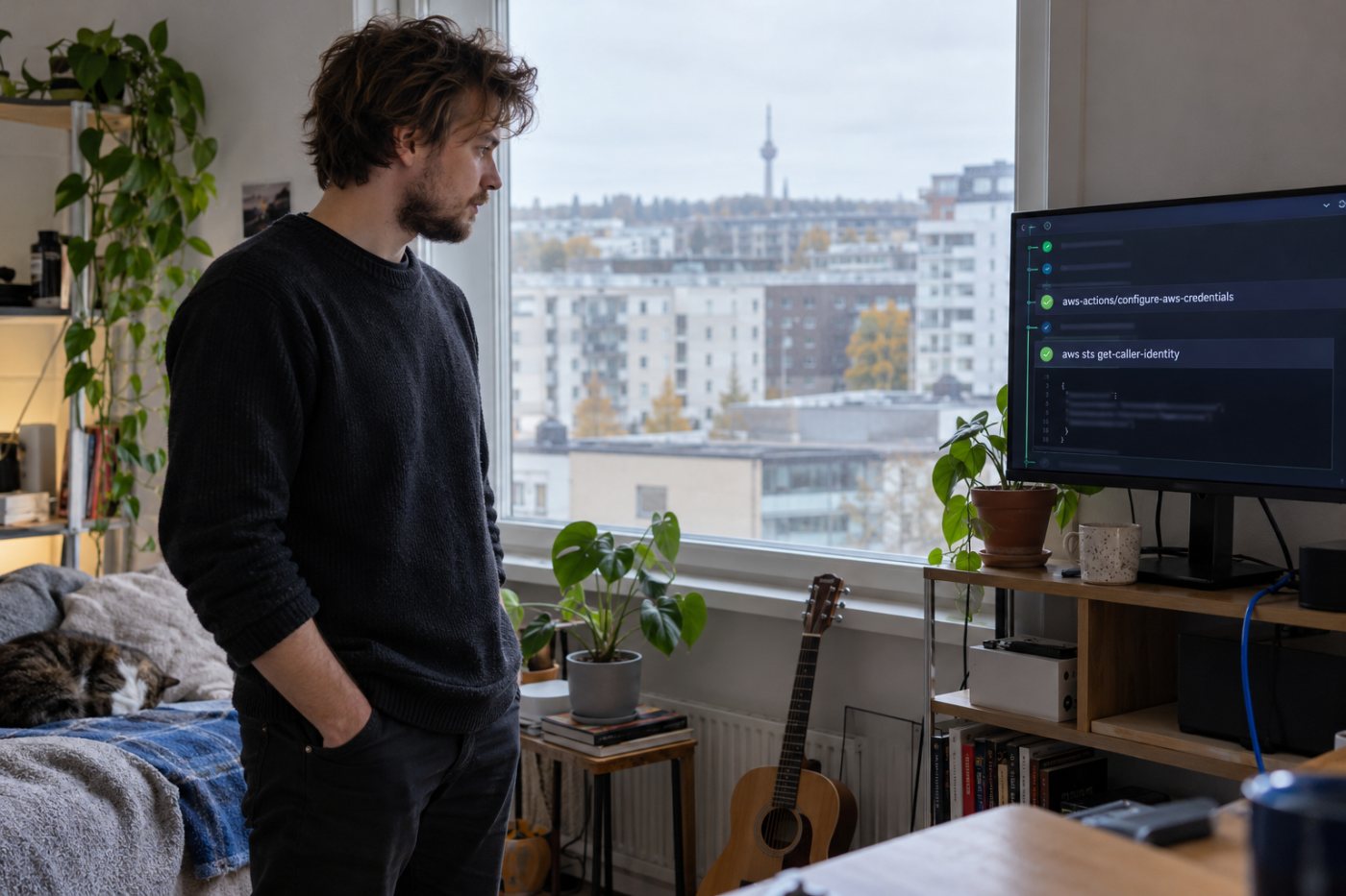 GitHub Actions -työ ottaa AWS IAM -roolin käyttöön OIDC-tunnisteella ja tarkistaa saadun identiteetin.