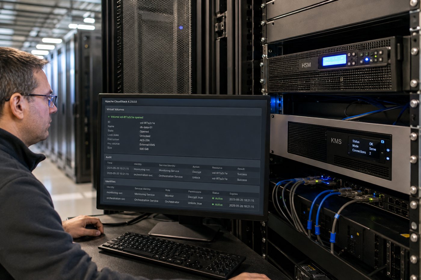 Зашифрованный том CloudStack получает ключ через внешнюю KMS, а мониторинг и оркестрация используют раздельные ограниченные пары API-ключей.