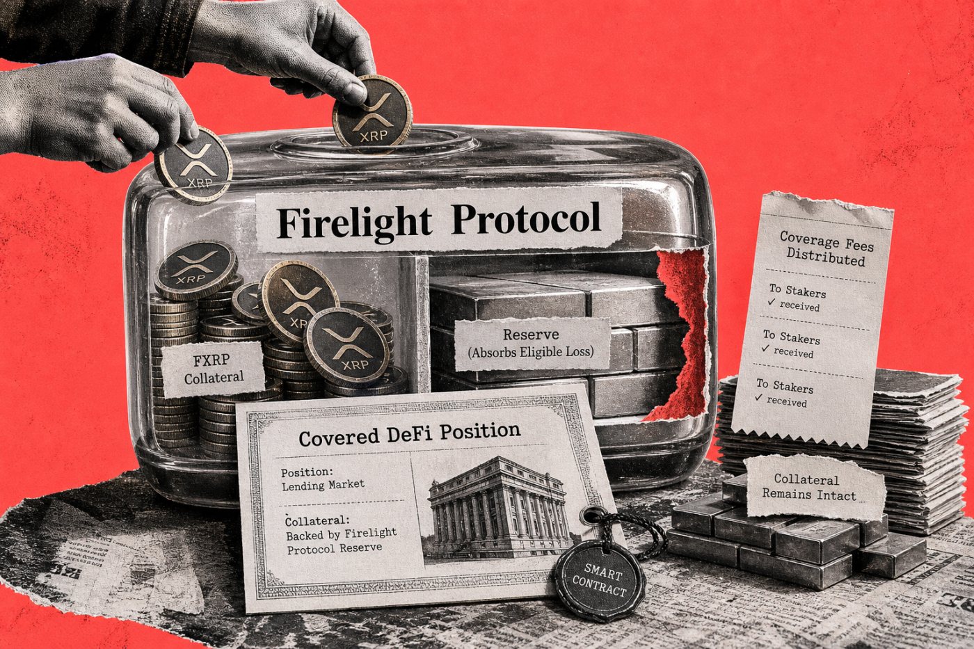 FXRP từ người cấp vốn đi vào vault Firelight để bảo đảm vị thế DeFi và đổi lấy phí bảo vệ.