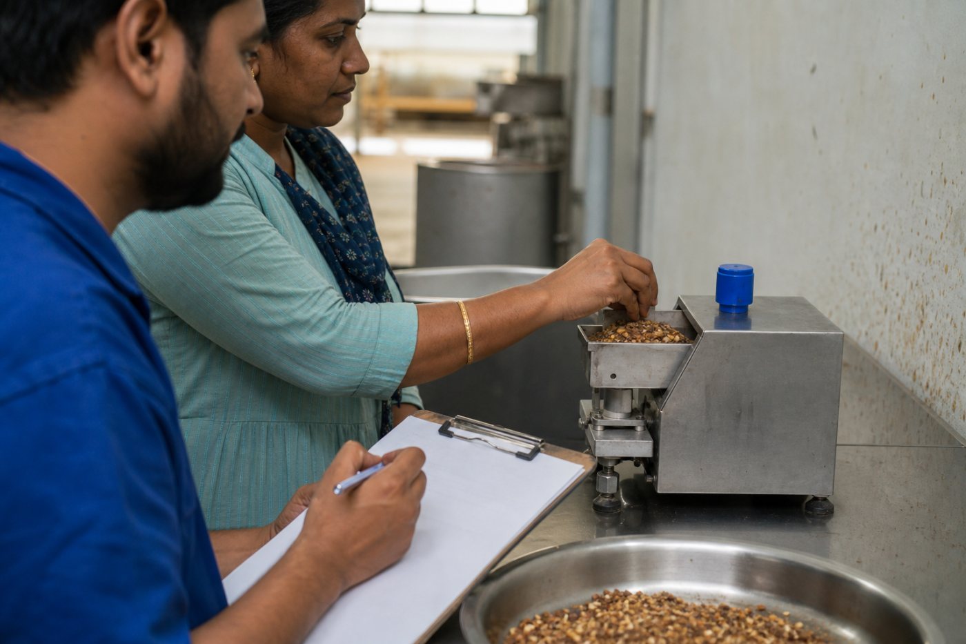 भारतीय स्टार्टअप का दल शुरुआती ग्राहक के साथ नमूना जाँचकर वास्तविक मांग का प्रमाण जुटाता हुआ।