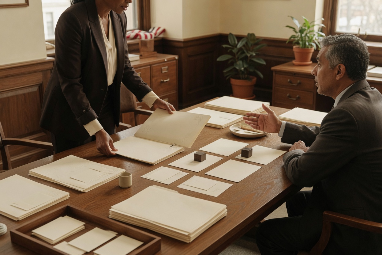 Executives analyzing merger paperwork in a US corporate office
