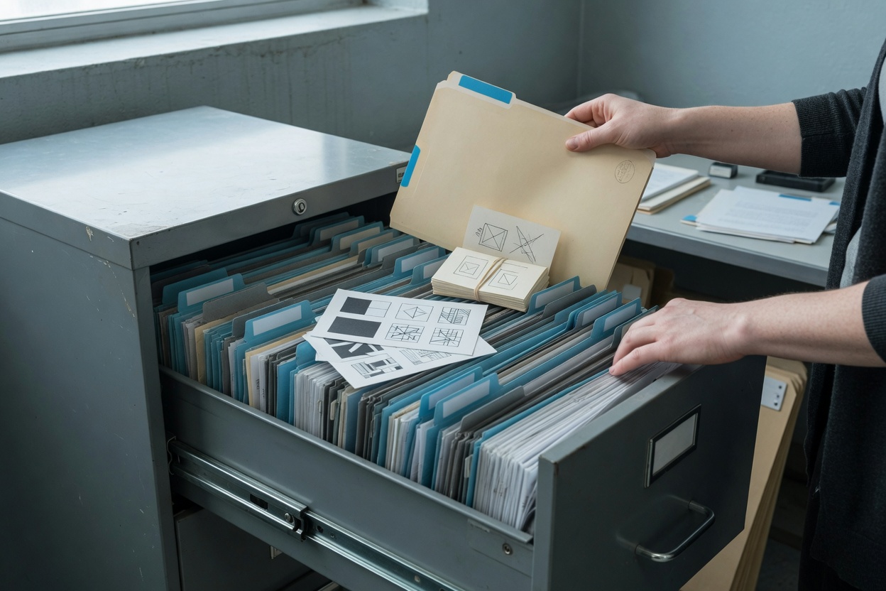 Individual placing documents into a cabinet for long-term security records