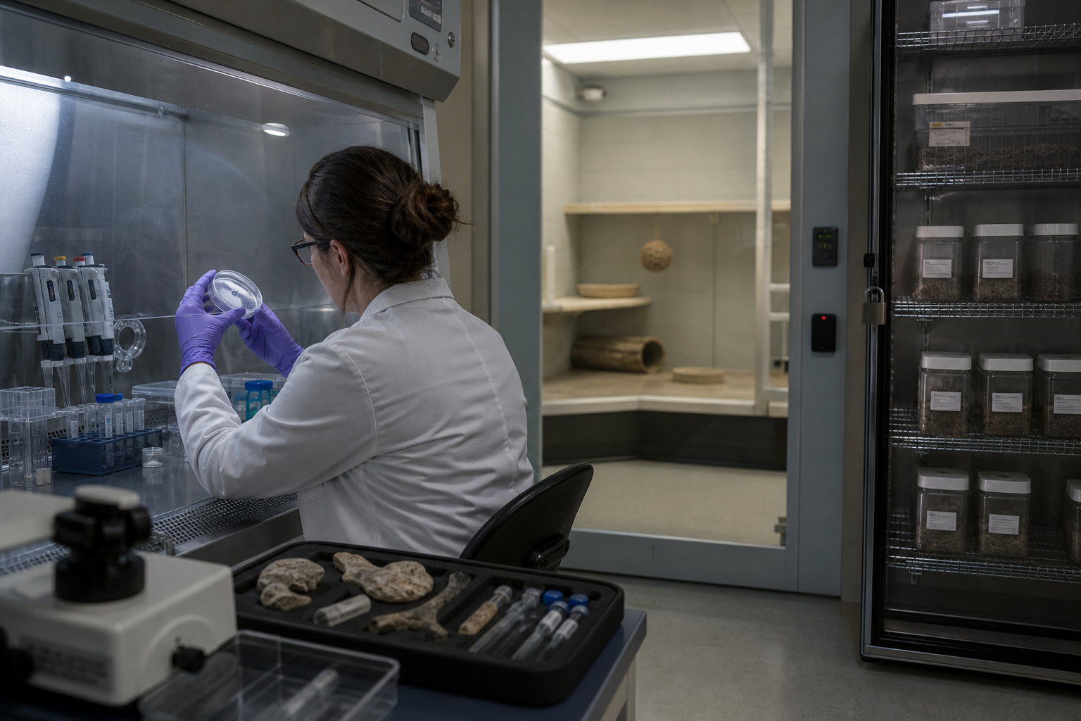 A controlled biotechnology facility with embryo research equipment and an animal-care observation area