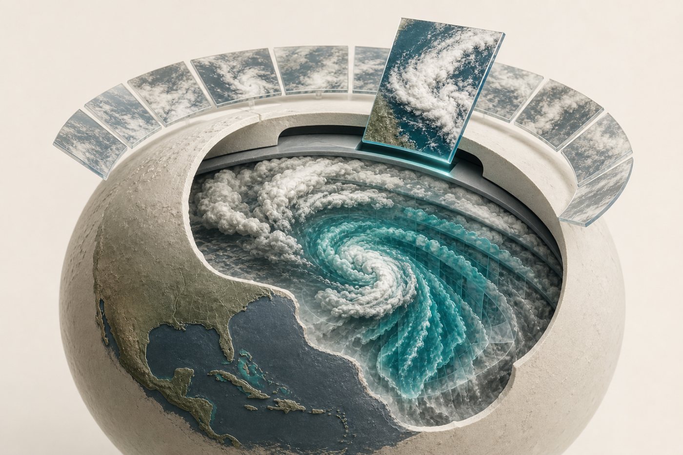 WeatherNext 3が最新の静止気象衛星観測を取り込み、発達する降水系の全球予報を毎時更新する流れ