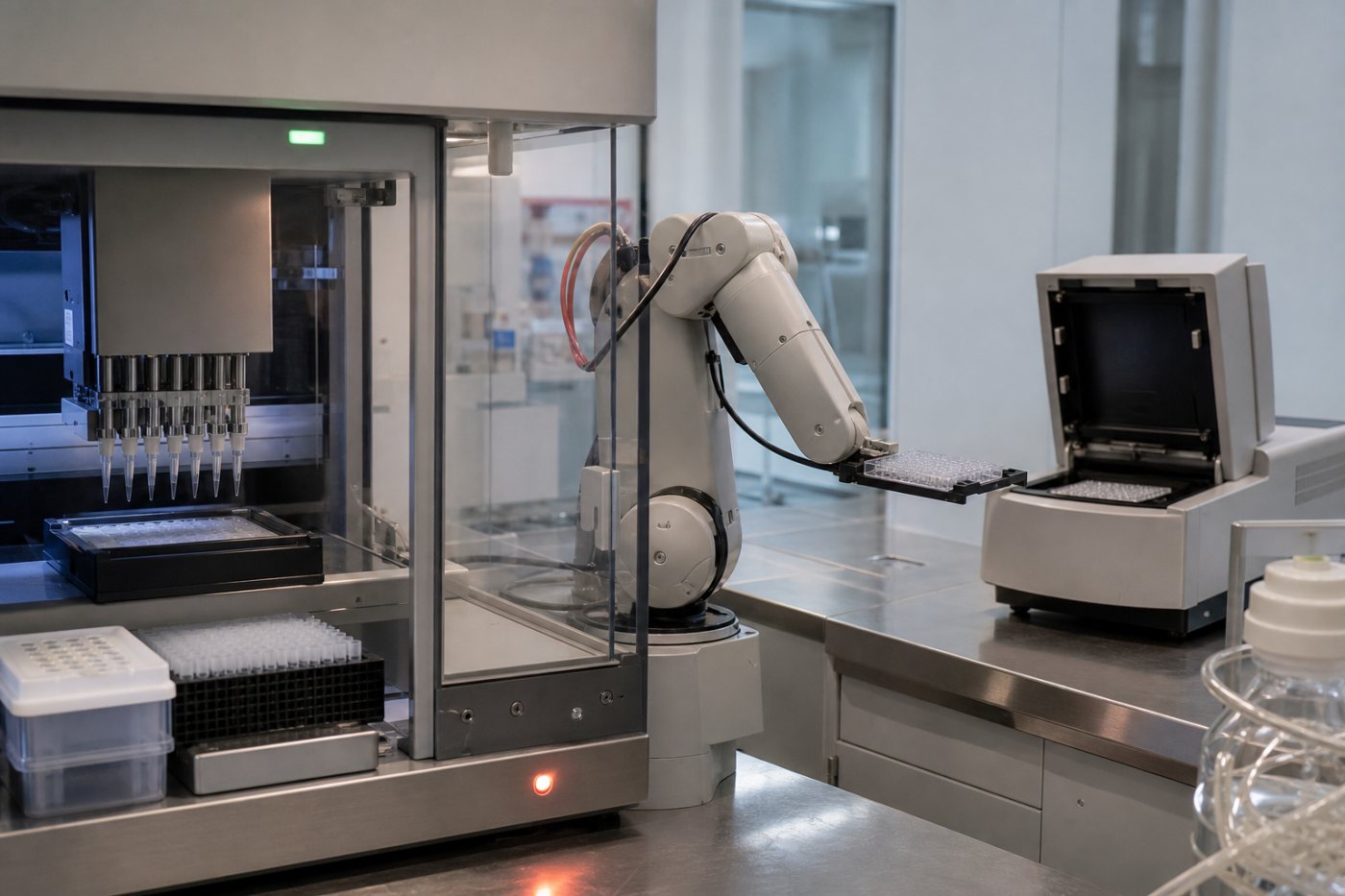 MHS سے مربوط liquid handler، robotic arm اور plate reader ترتیب وار protein assay مکمل کرتے ہیں۔