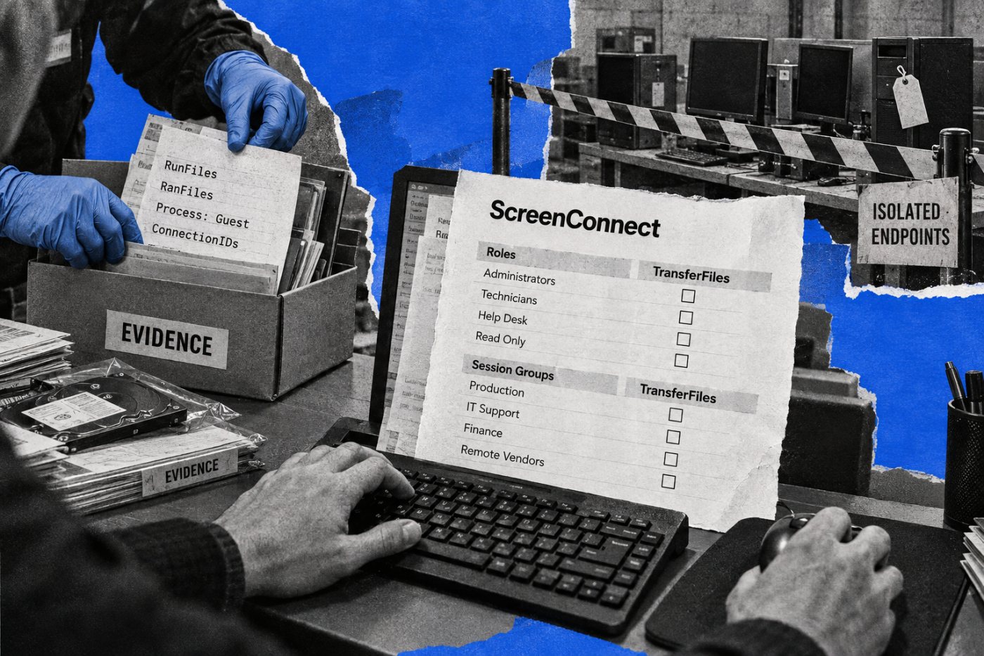 ScreenConnect roles میں TransferFiles permission محدود کی جا رہی ہے جبکہ متاثرہ Windows endpoints الگ کرکے audit evidence محفوظ کیا جا رہا ہے۔