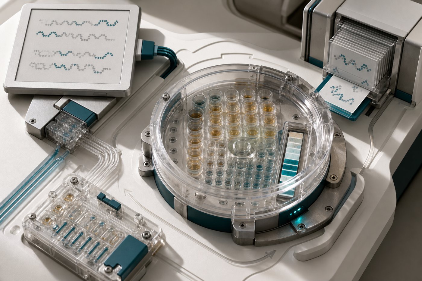 Digital sequence থেকে protein তৈরি, assay-তে পরিমাপ এবং ফল model workflow-তে ফেরার পূর্ণ চক্র।