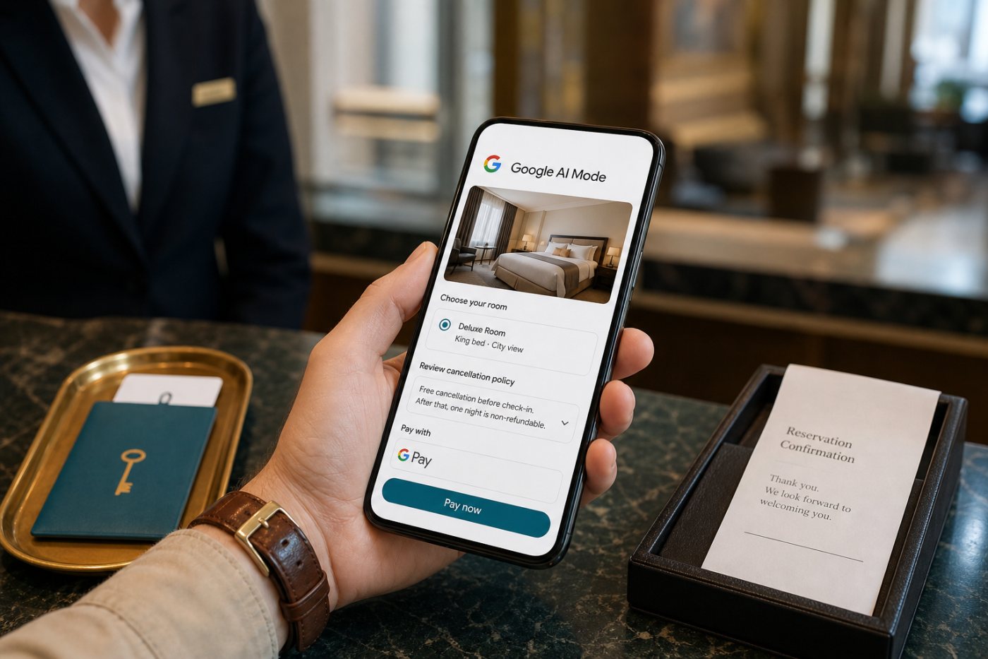 미국 영어 환경의 Google AI Mode에서 객실과 취소 조건을 확인하고 Google Pay로 결제하는 호텔 예약