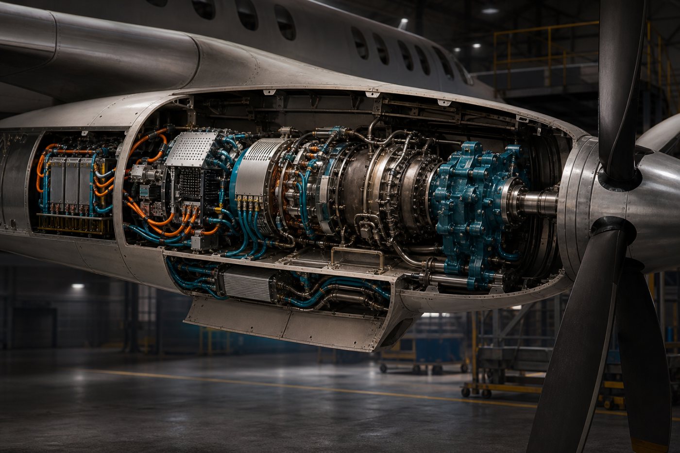 Cadena de energía del Saab 340B entre batería, electrónica de potencia, motor-generador, turbina CT7 y hélice.