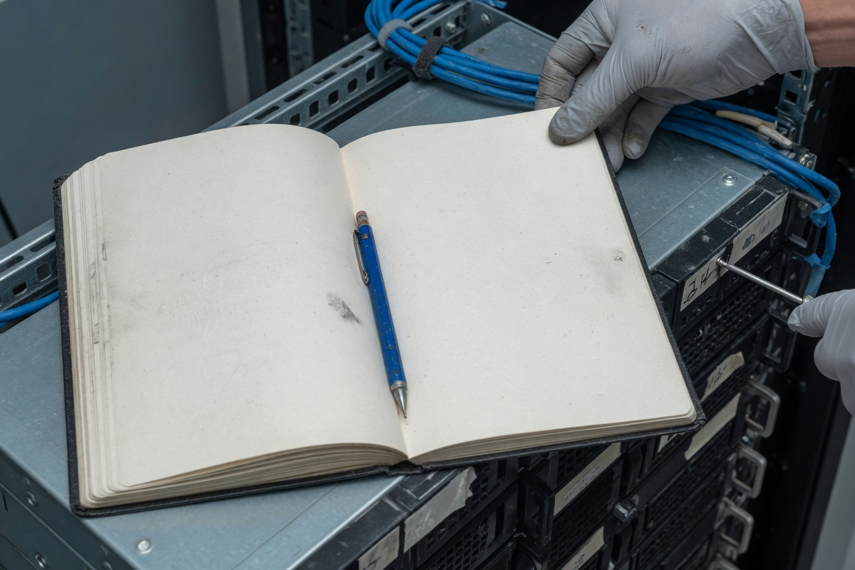 Planning notebook beside Linux server hardware