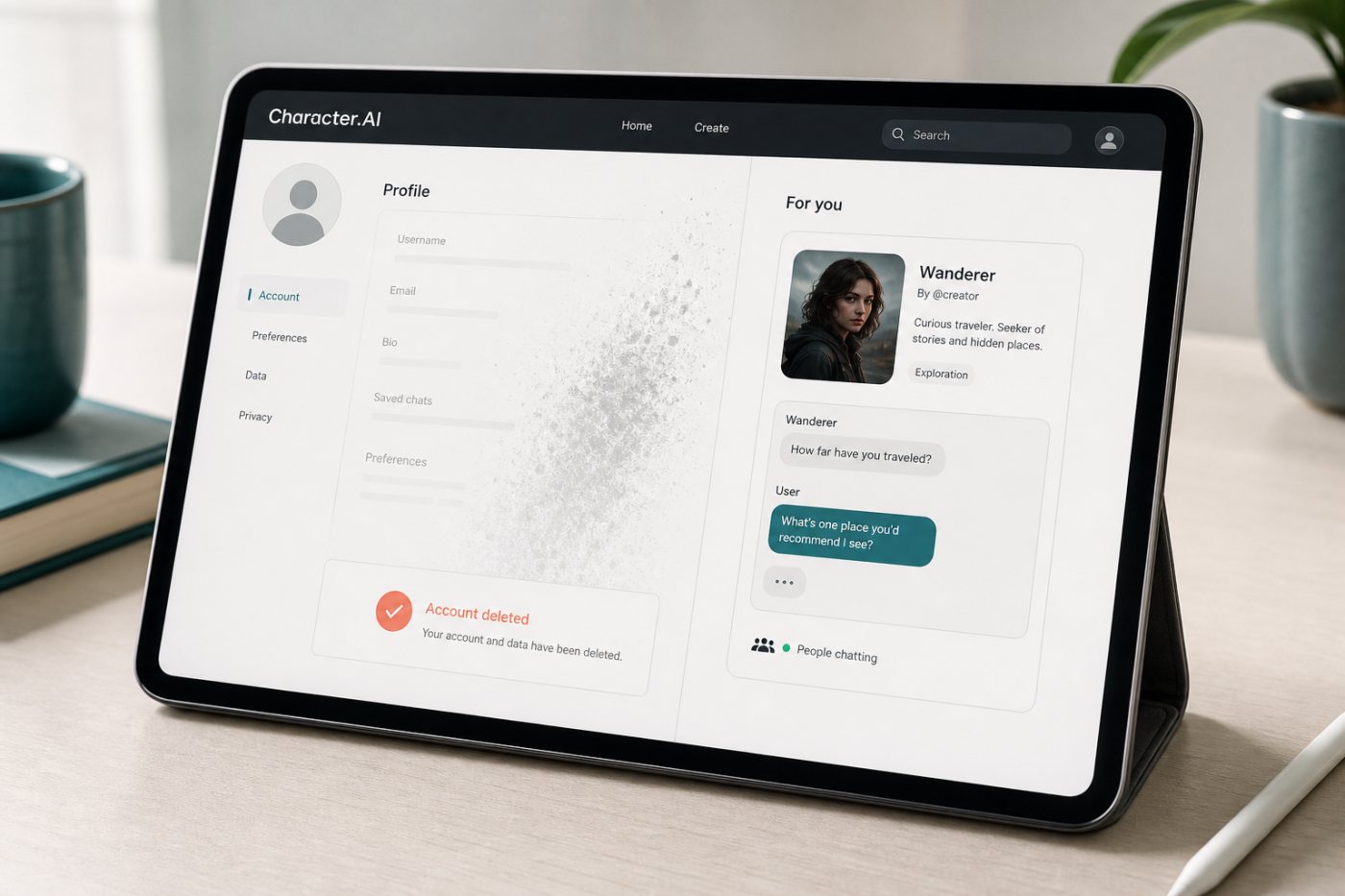 A Character.AI account is deleted while a previously shared public Character remains available under the platform’s retention policy.
