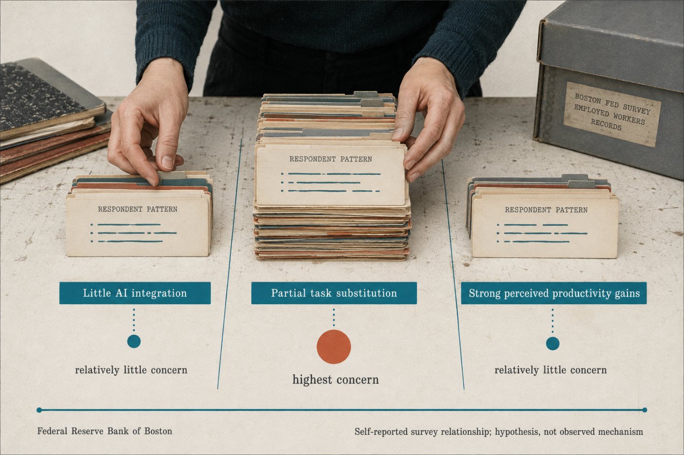 Worker survey patterns distinguish partial AI task substitution, perceived productivity gains and personal job-security concern.