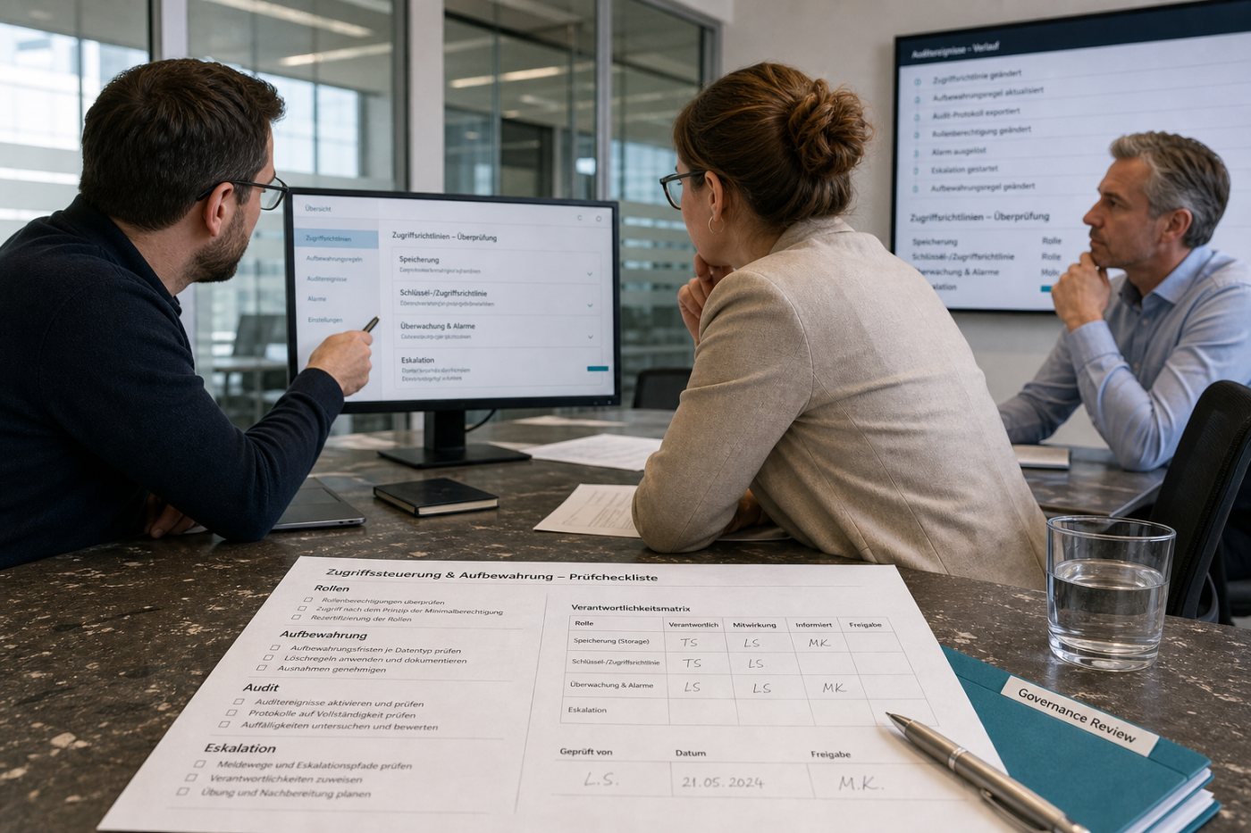 Sicherheits-, Datenschutz- und Betriebsteams stimmen Rollen, Aufbewahrung, Auditierung und Alarmprüfung für EFS ab.