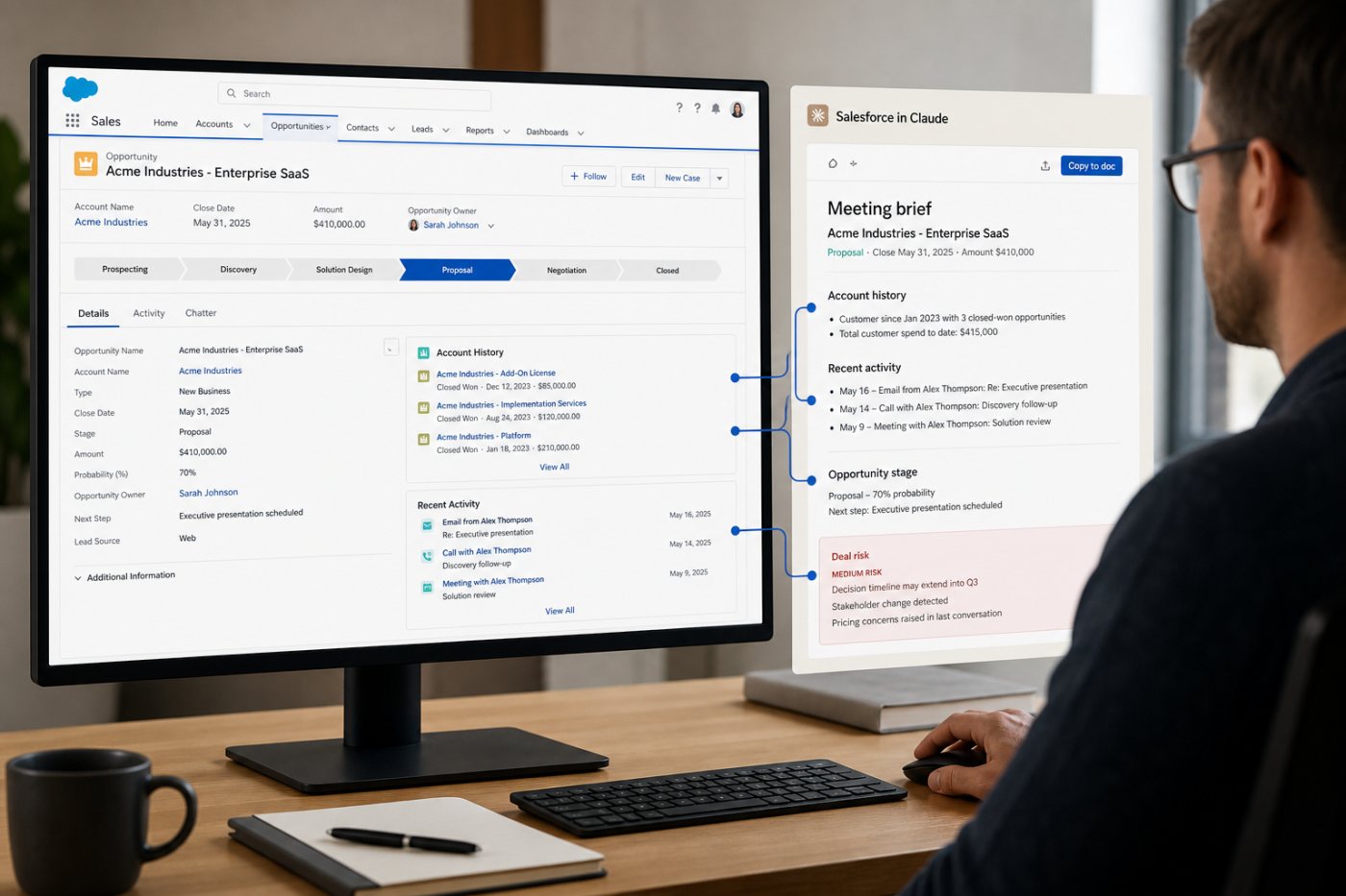 Salesforce in Claude live CRM context থেকে account history, deal stage ও ঝুঁকি মিলিয়ে meeting brief প্রস্তুত করছে