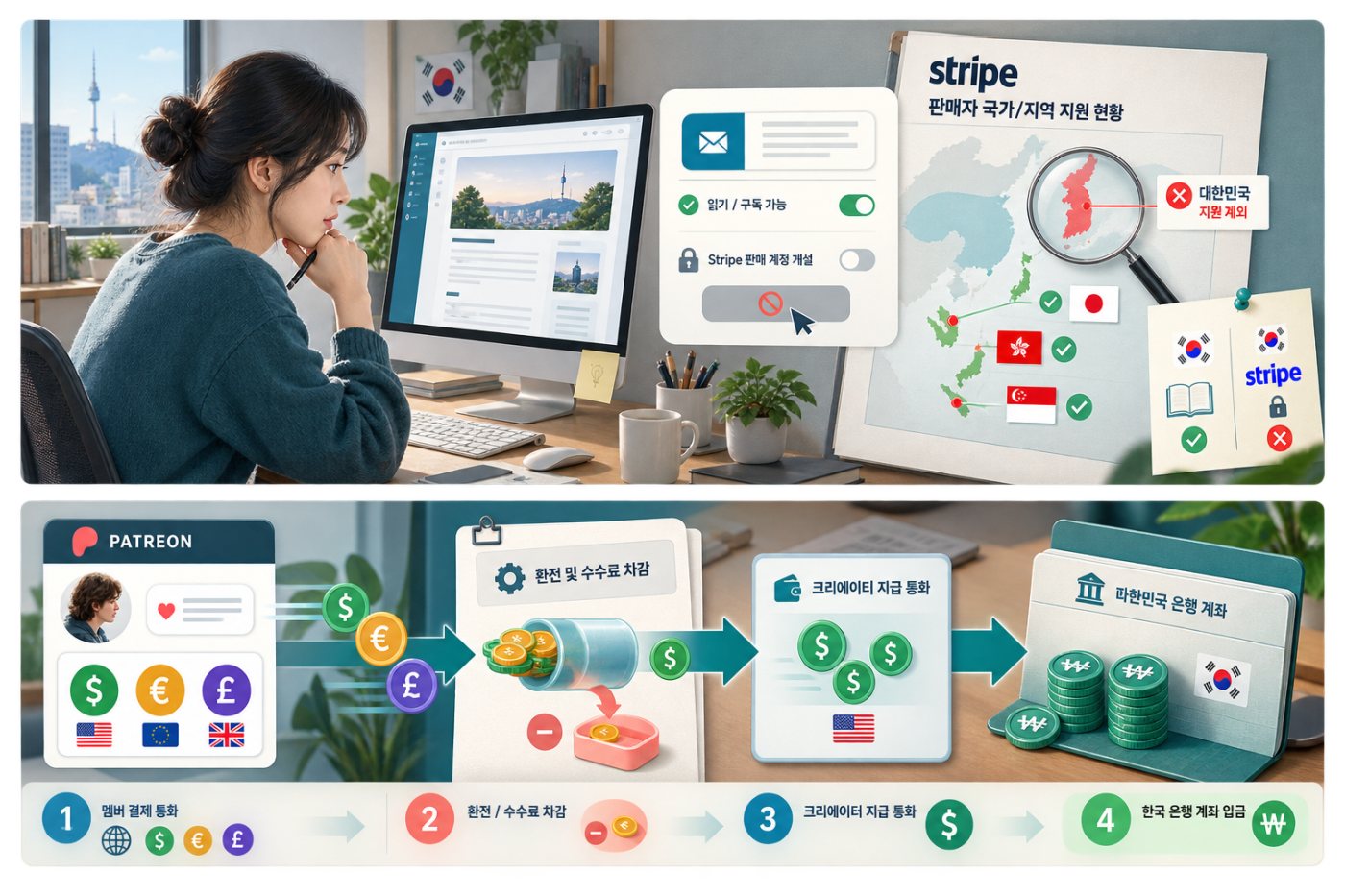 한국 크리에이터가 Substack의 Stripe 계정 자격과 Patreon의 원화 지급 경로를 확인하는 과정