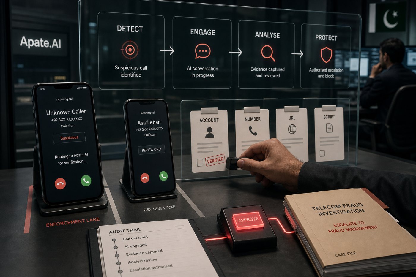 پاکستانی bank اور telco pilot میں detection، AI engagement، توثیق اور escalation