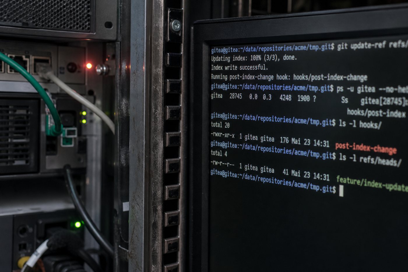 Ein manipulierter diffpatch-Inhalt wird im temporären Gitea-Repository zum ausführbaren Git-Hook und startet einen Befehl als Dienstkonto.