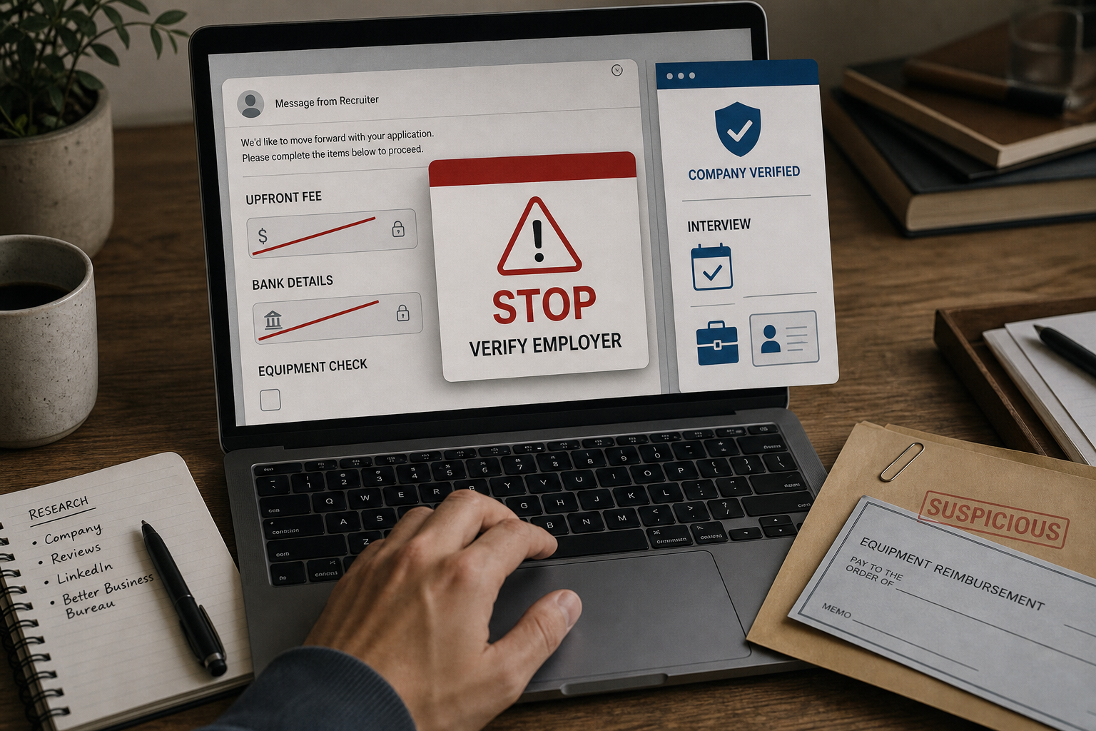 A job seeker blocks a remote-work offer that requests payment, banking information, and a fake equipment check.