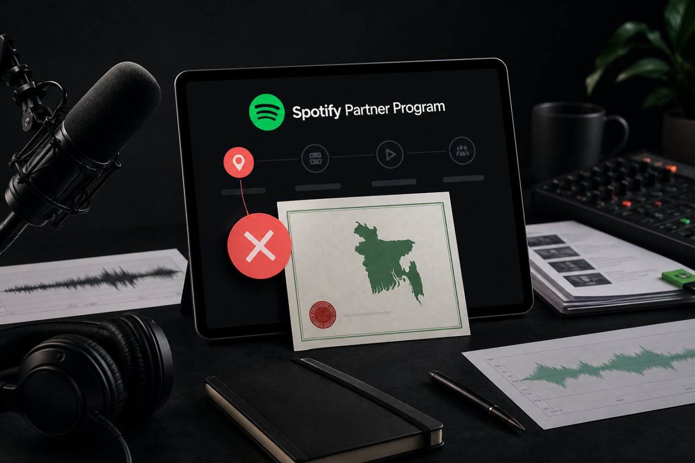 Spotify Partner Program-এর পাঁচ ধাপের যাচাইয়ে বাংলাদেশের legal address প্রথম ধাপেই আবেদন থামিয়ে দিচ্ছে