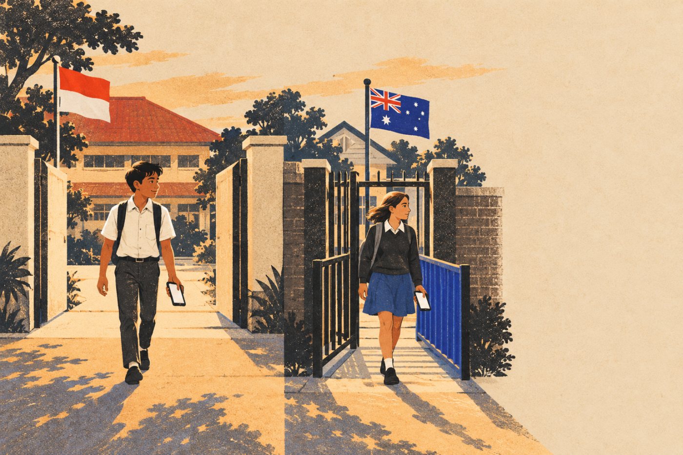 Anak muda di Indonesia dan Australia membawa ponsel dalam dua lingkungan berbeda yang sama-sama terkait aturan akses berdasarkan usia.