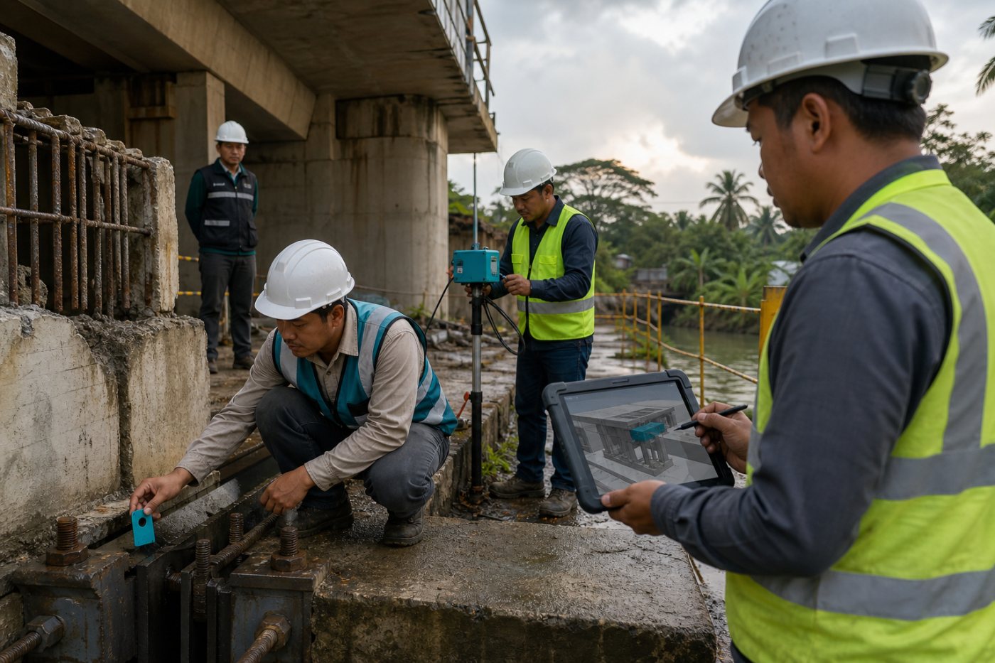 Rantai kerja menghubungkan identitas komponen lapangan, model BIM, dan data sensor