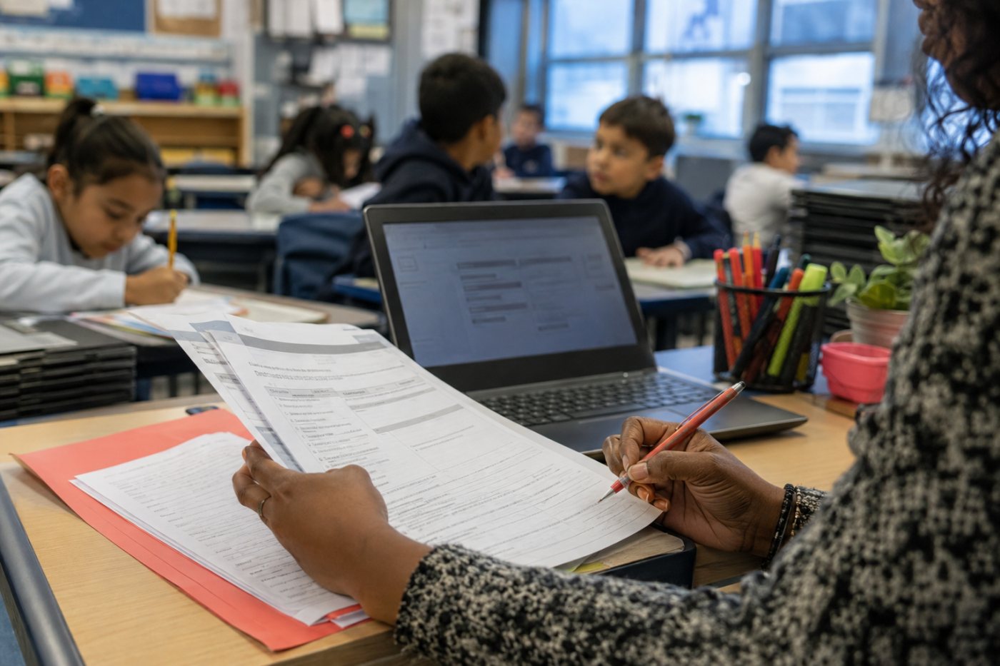 Eine Lehrkraft bereitet Unterricht digital vor, während jüngere Schüler ohne direkten KI-Zugang lesen, schreiben und diskutieren.