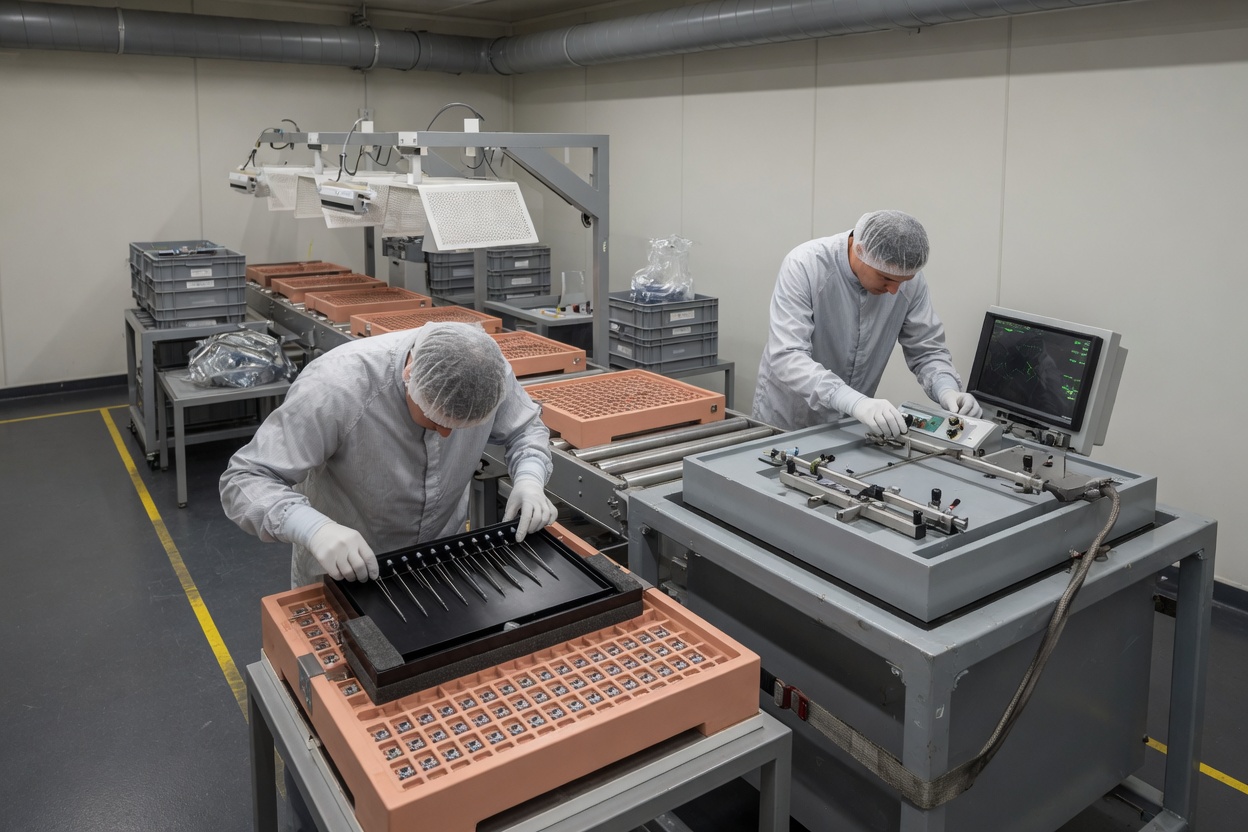 Technicians examining GaN power devices during manufacturing