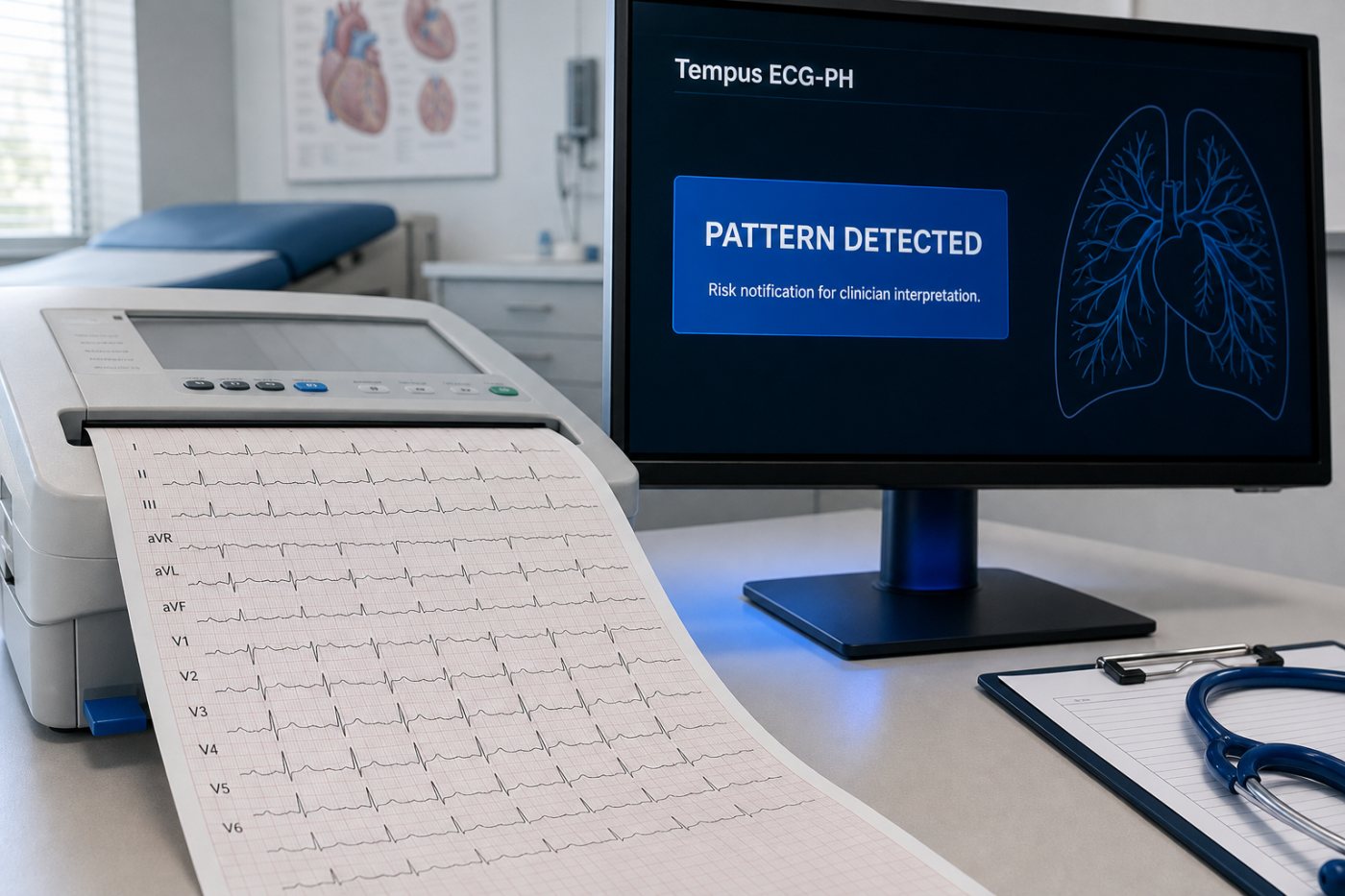 Tempus ECG-PH menganalisis ECG 12 sadapan dan menghasilkan notifikasi biner tanpa mengukur tekanan arteri pulmonalis secara langsung.