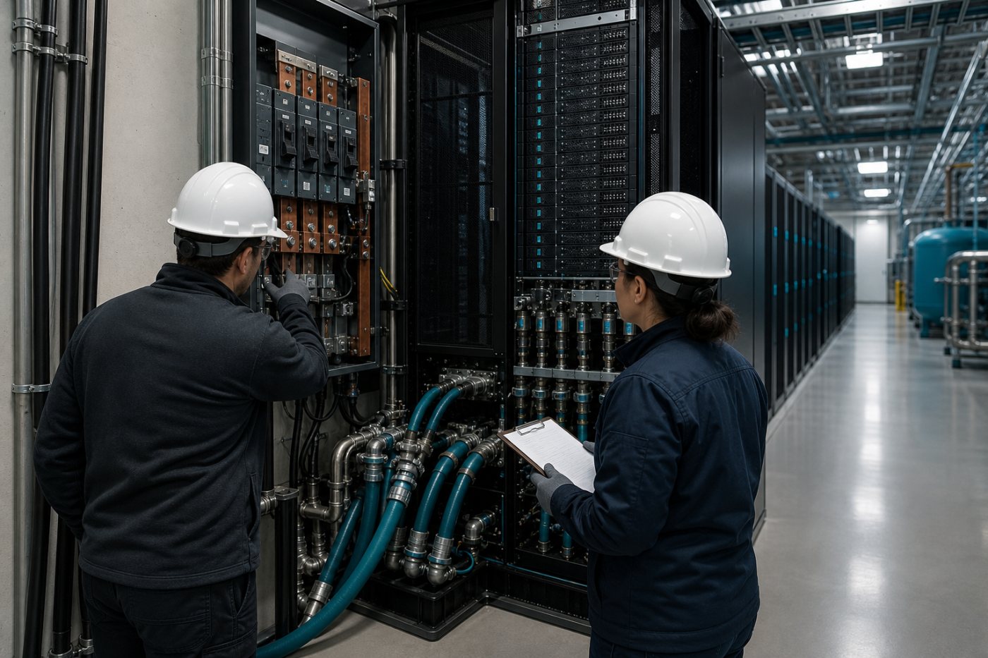 Engenheiros verificam energia e refrigeração antes da ativação de um rack denso de IA.