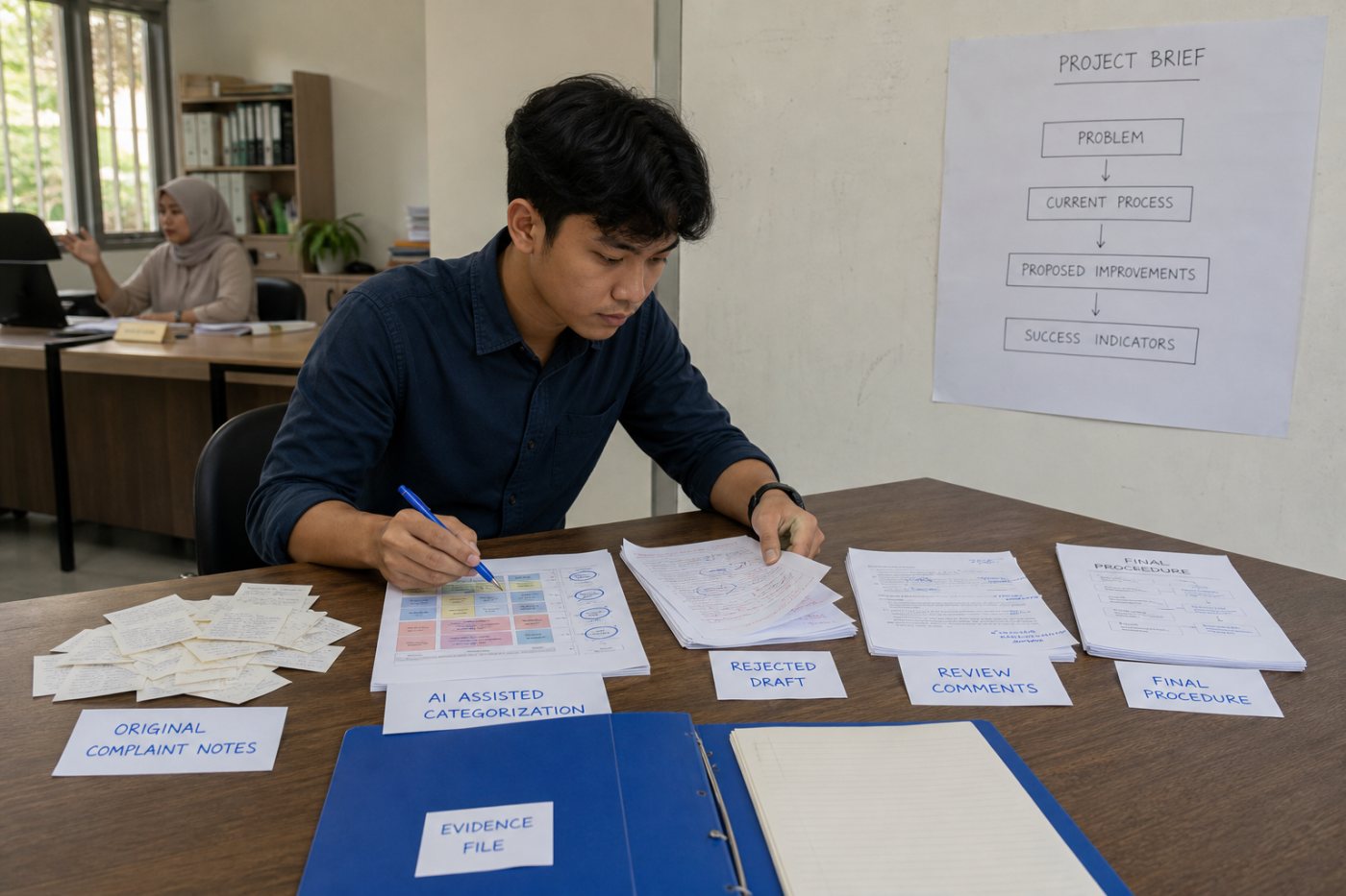 Pelamar pemula memeriksa bantuan AI terhadap catatan asli dan menyimpan brief, alternatif, revisi, serta hasil akhir sebagai bukti keputusan.