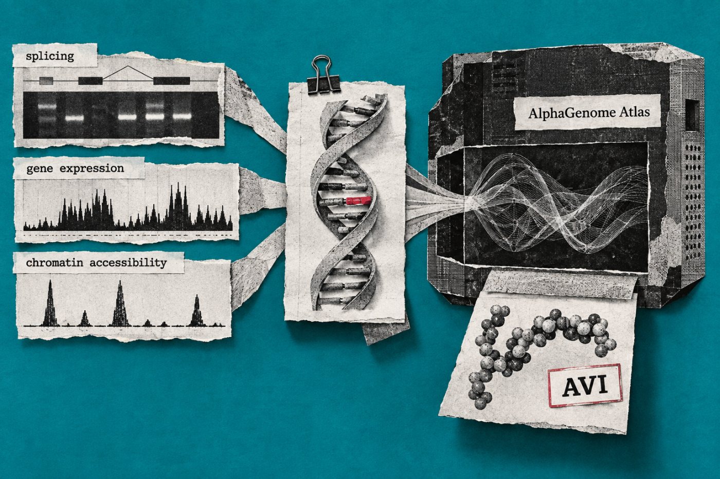 دمج تنبؤات AlphaGenome وAlphaMissense في درجة AVI مع إظهار العوامل الجزيئية المؤثرة في ترتيب المتغير.
