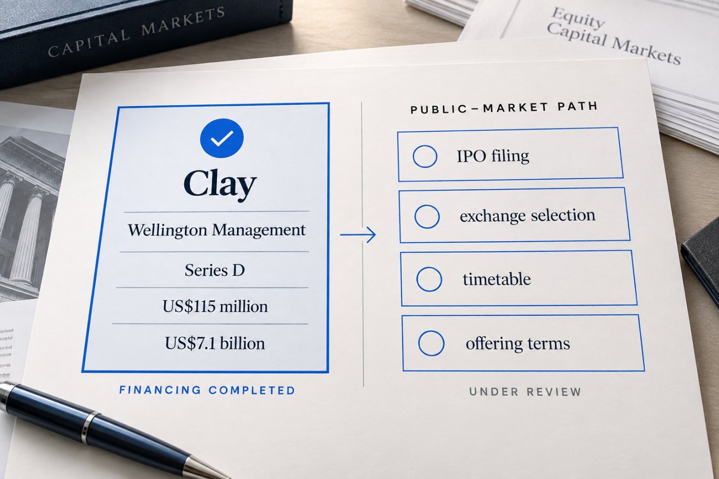 Kesiapan pasar modal Clay ditinjau setelah investasi Wellington, tetapi jadwal dan dokumen resmi IPO belum diumumkan.