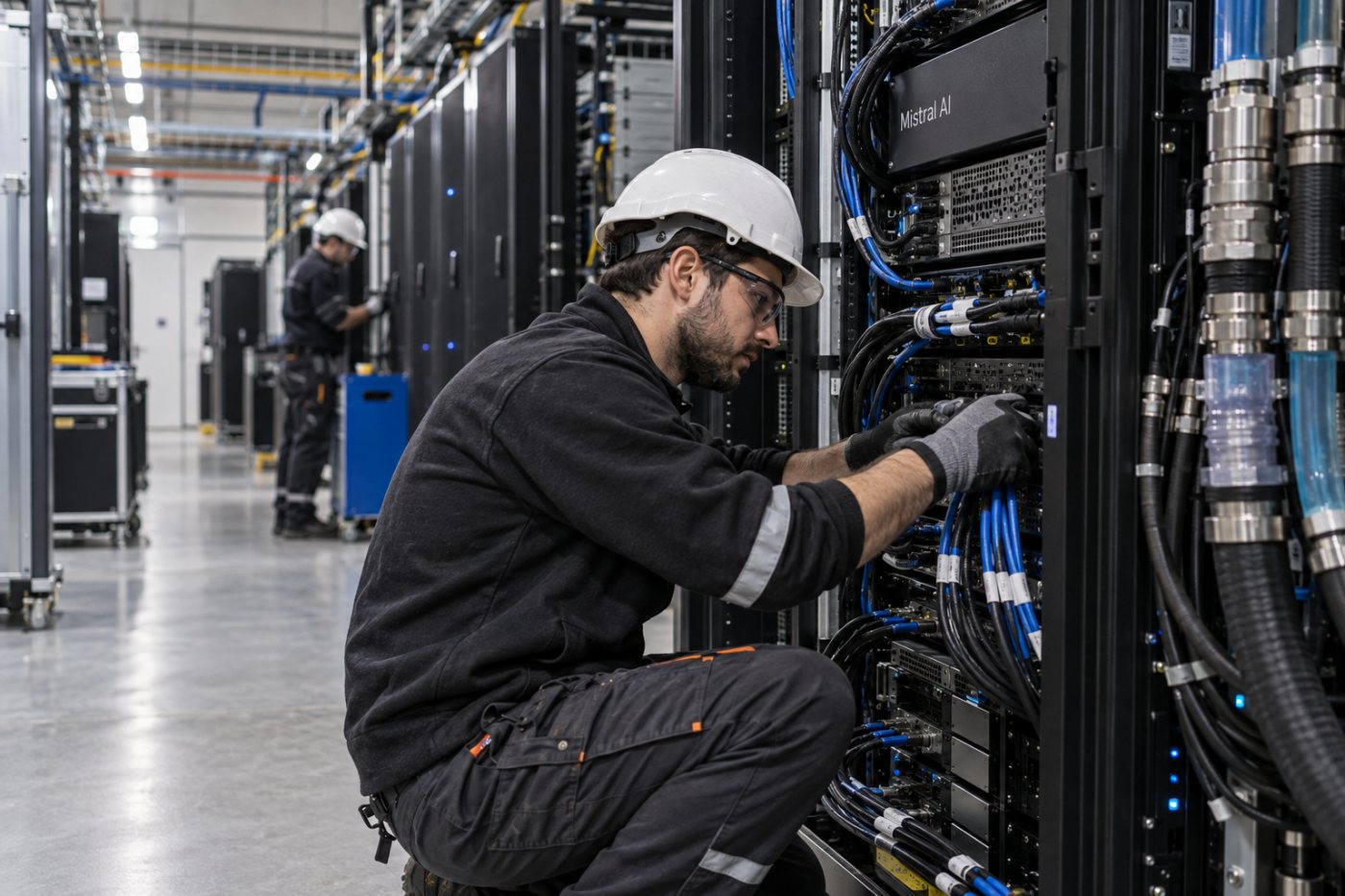 Un centro de datos europeo amplía servidores, energía y refrigeración para el cómputo de Mistral AI.