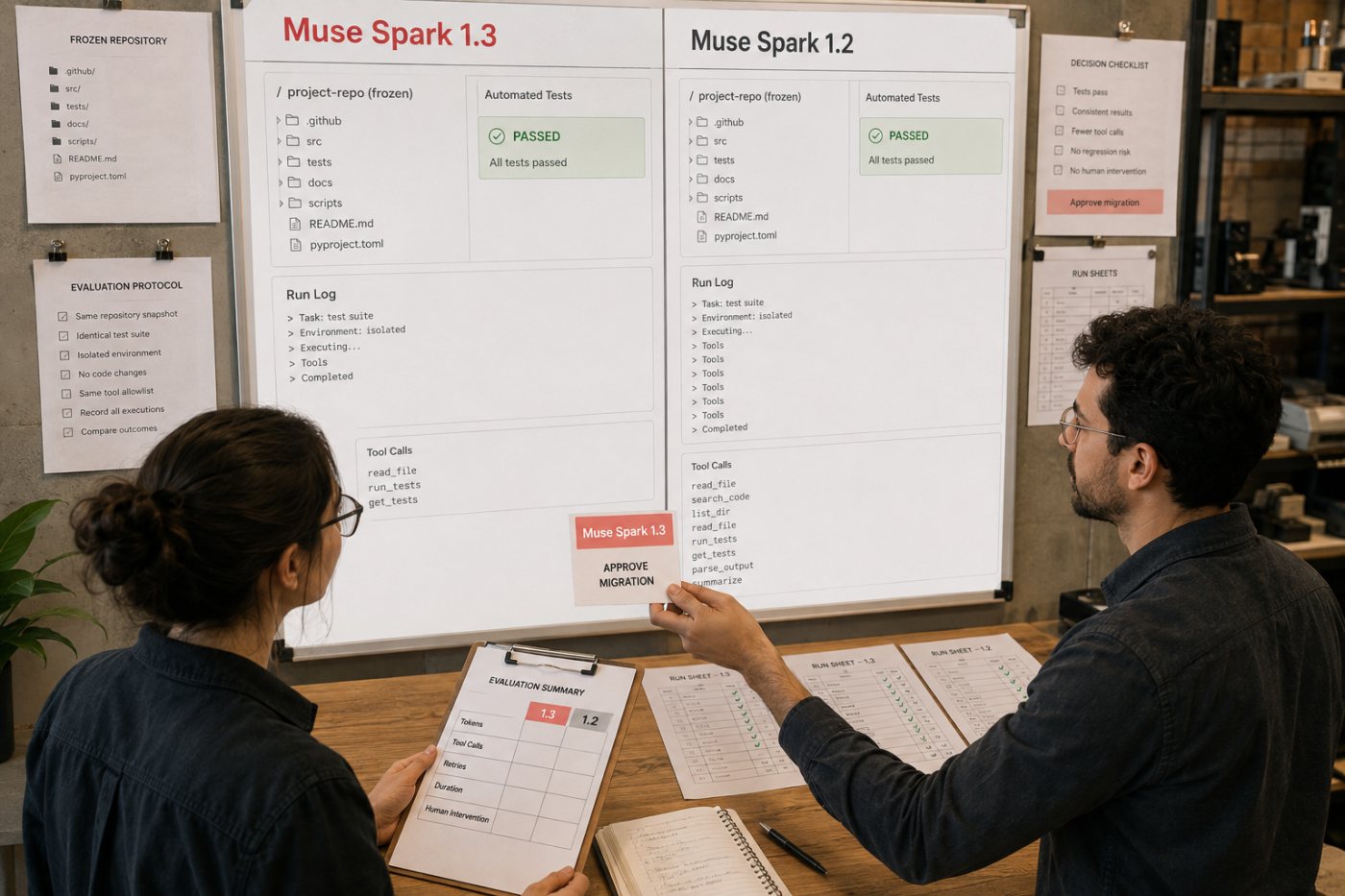 Evaluasi migrasi Muse Spark 1.3 membandingkan biaya, pemanggilan alat, percobaan ulang, dan hasil tes pada repositori yang sama.