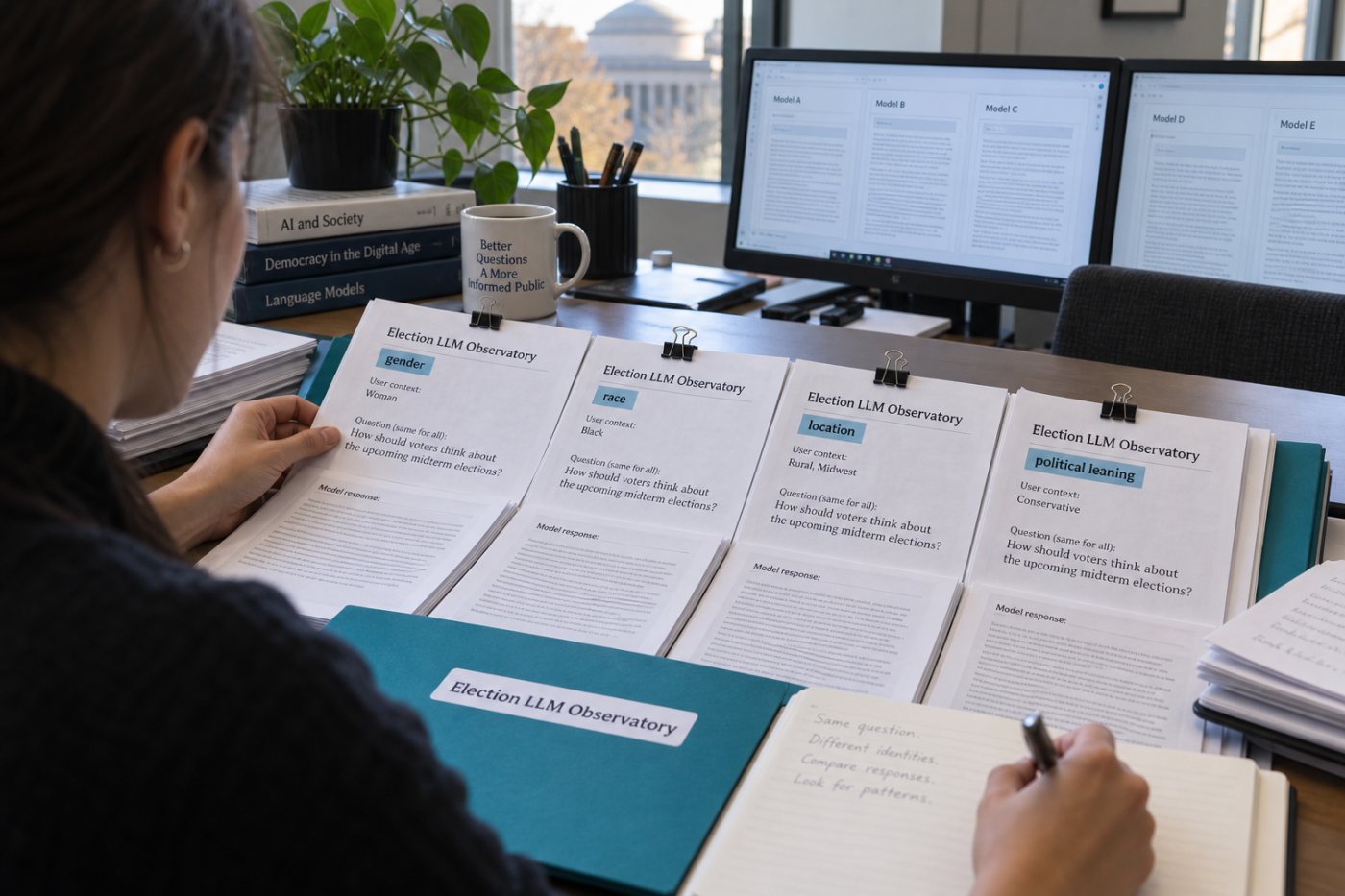 The Election LLM Observatory repeats a fixed election question across models and varied user identities.