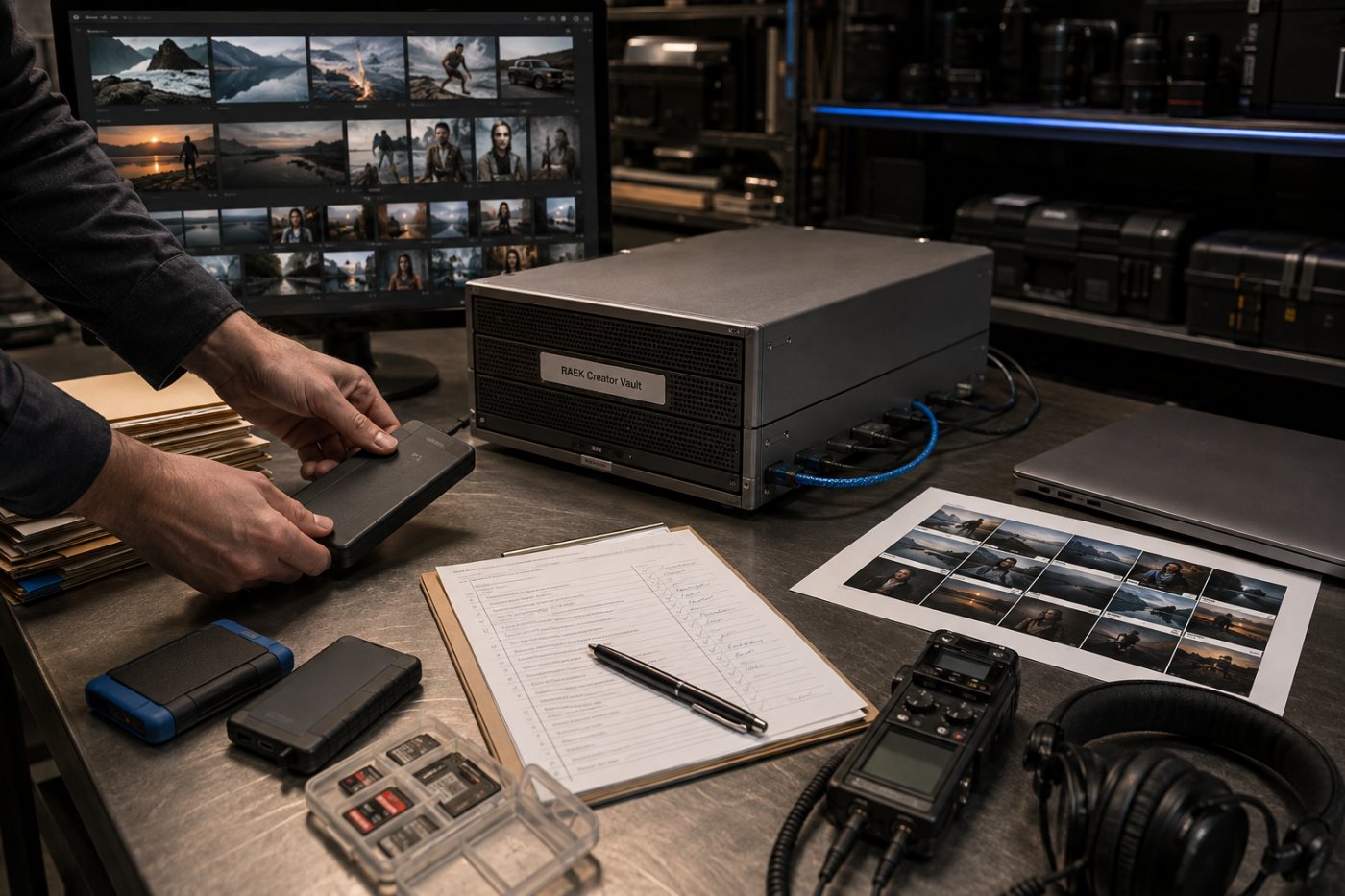 Una biblioteca profesional de vídeo, audio y fotografía distribuida entre ordenadores, unidades externas y exportaciones antes de las pruebas de Creator Vault.
