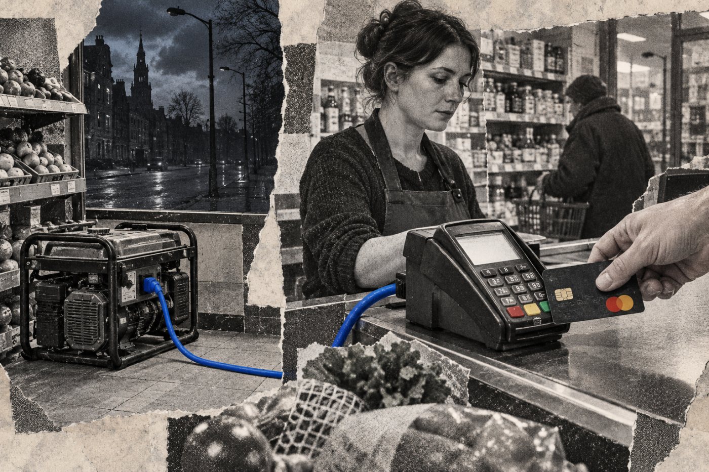 En butikk i Latvia holder betalingsterminalen i gang med lokal generator under et strømbrudd.