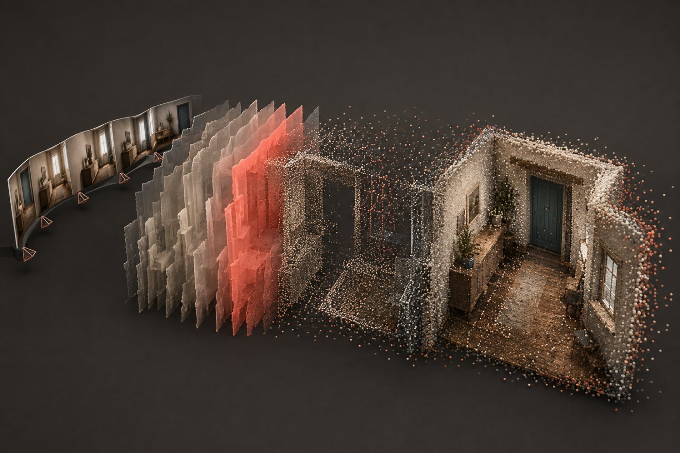 Video ruang nyata diubah menjadi data kedalaman, point cloud, dan adegan 3D Gaussian splat.