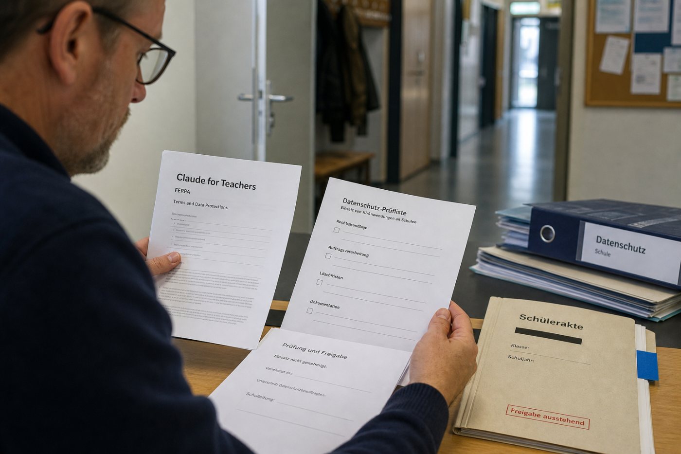 Eine DACH-Schule prüft die US-Vertragsgrundlage von Claude for Teachers gegen DSGVO-Anforderungen und lokale Freigaben.