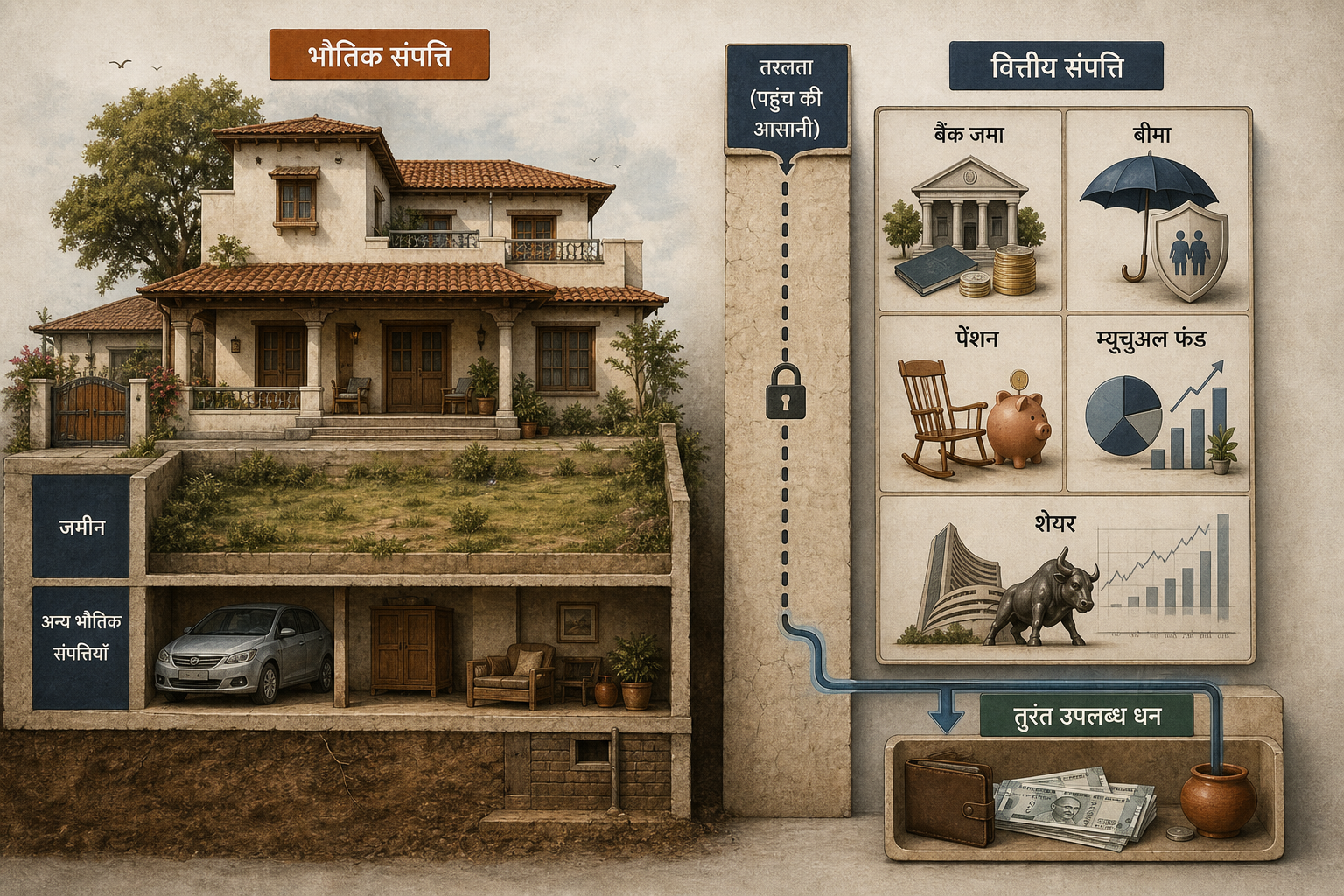 भौतिक संपत्तियों की बड़ी हिस्सेदारी और सीमित वित्तीय संपत्तियों वाली भारतीय घरेलू संपत्ति संरचना