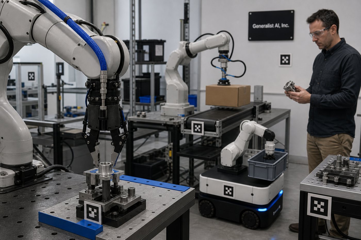 Generalistの共通基盤モデルが異なる形状と作業環境のロボットに適用される様子
