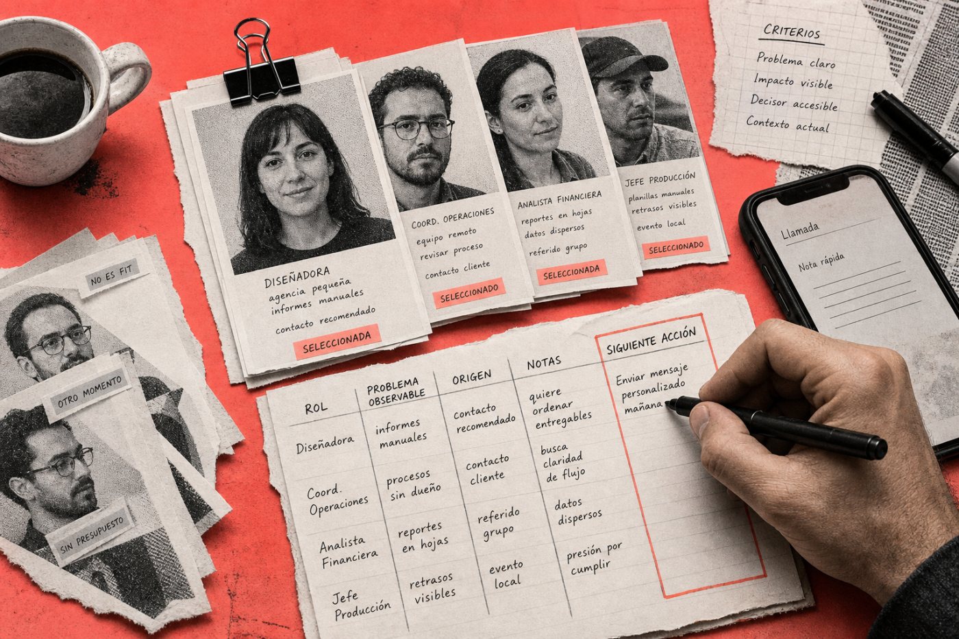 Definición del cliente ideal y registro inicial con problema, origen y próxima acción.