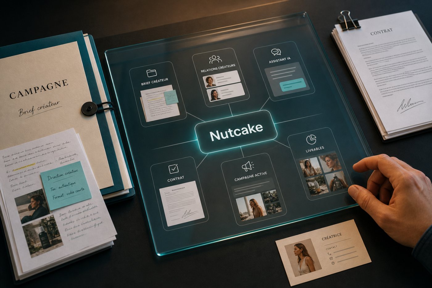 CreatorOS et son assistant IA réunis dans un même environnement de campagne sous le nom Nutcake.